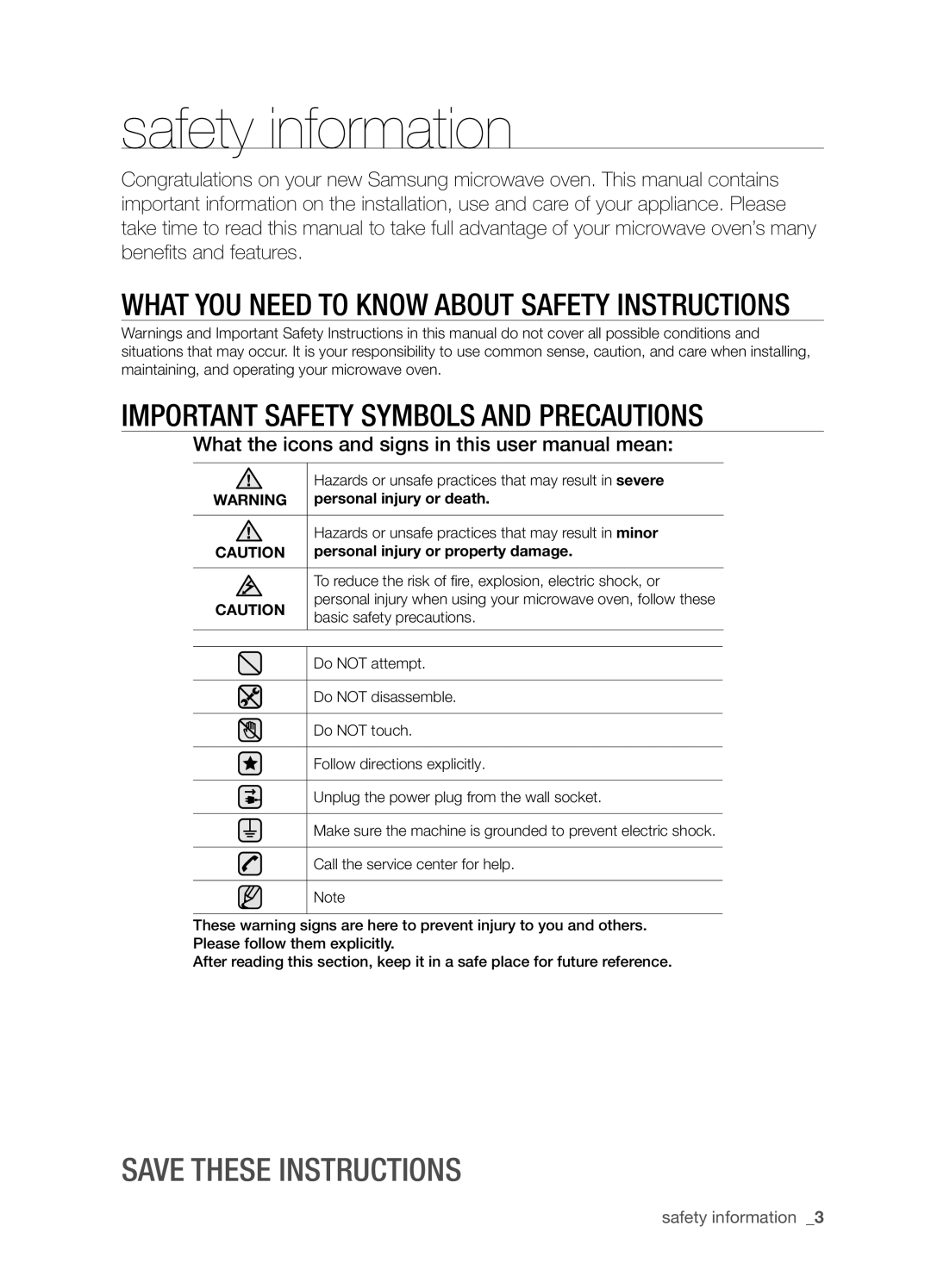 Samsung SMH9207 user manual Save these instructions, What you need to know about safety instructions, safety information 