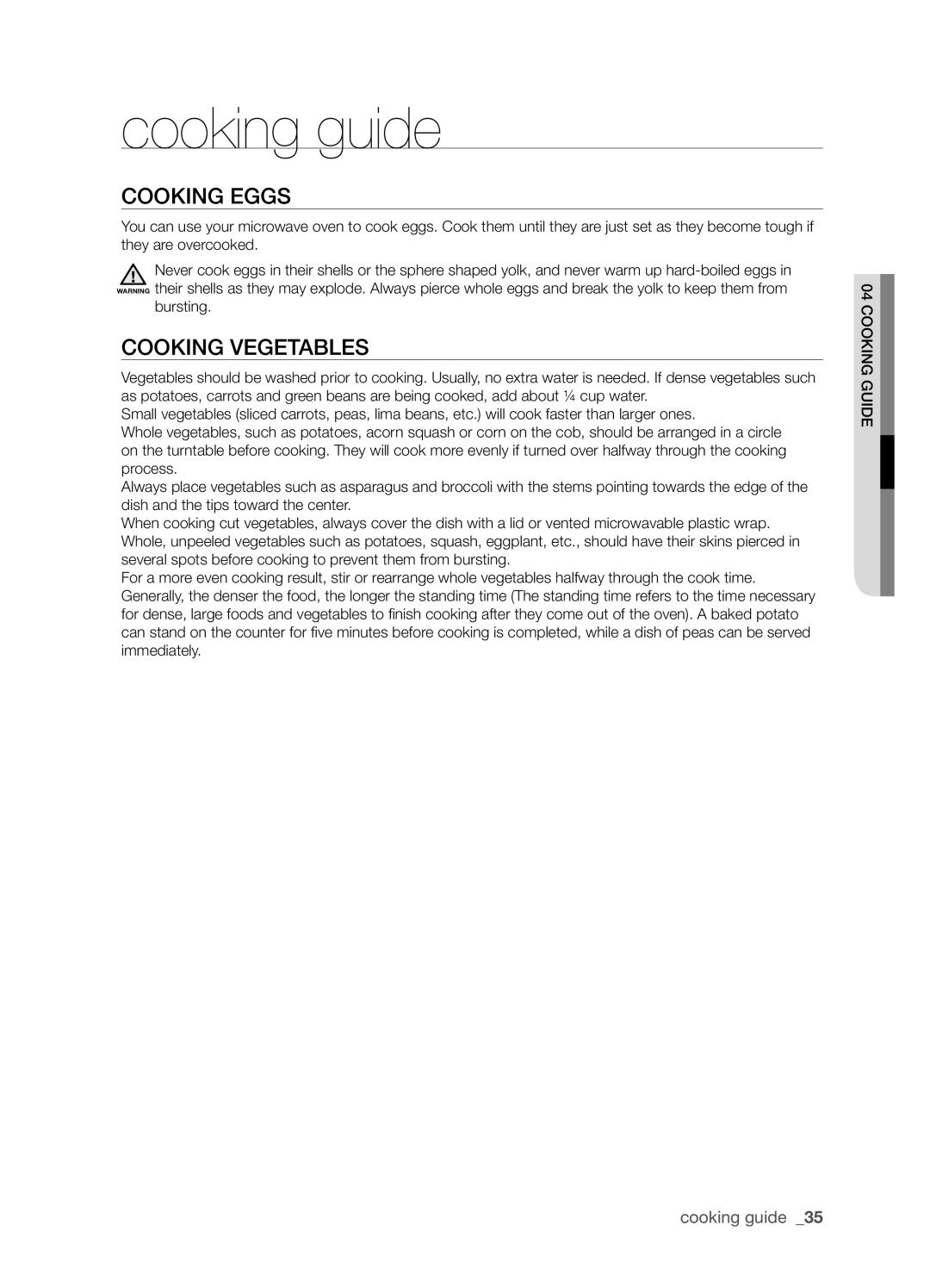 Samsung SMH9207 user manual Cooking eggs, Cooking vegetables, cooking guide 