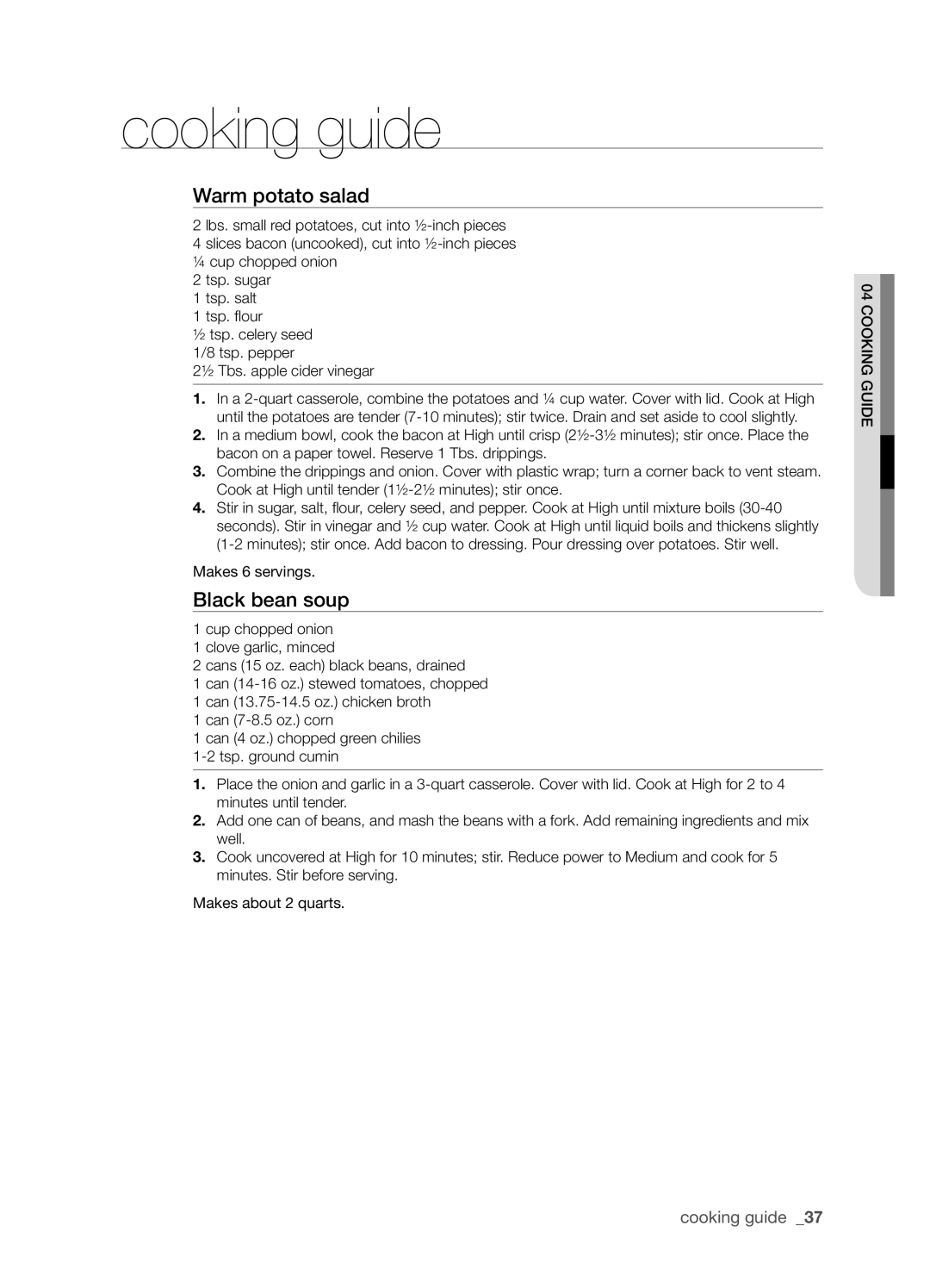 Samsung SMH9207 user manual Warm potato salad, Black bean soup, cooking guide 