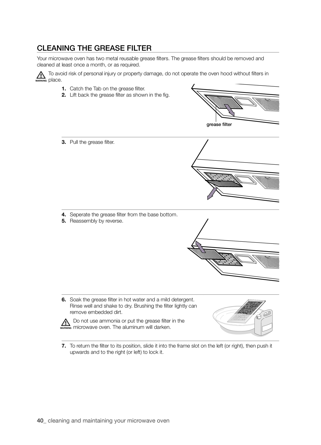 Samsung SMH9207 user manual Cleaning the grease filter, cleaning and maintaining your microwave oven 