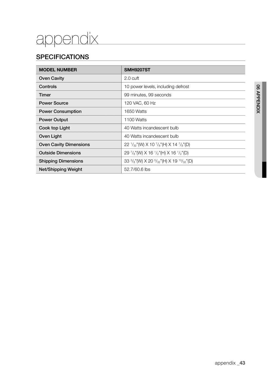 Samsung SMH9207 user manual appendix, Specifications 
