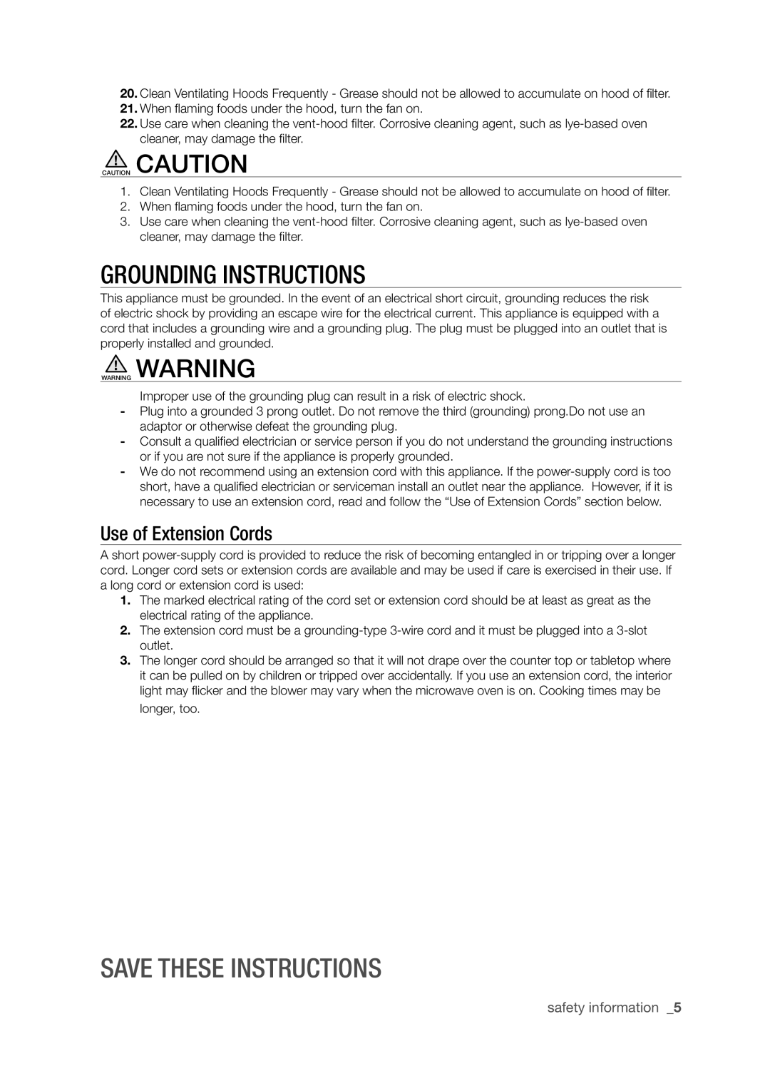 Samsung SMH9207 user manual Grounding Instructions, Save these instructions, Use of Extension Cords, safety information 
