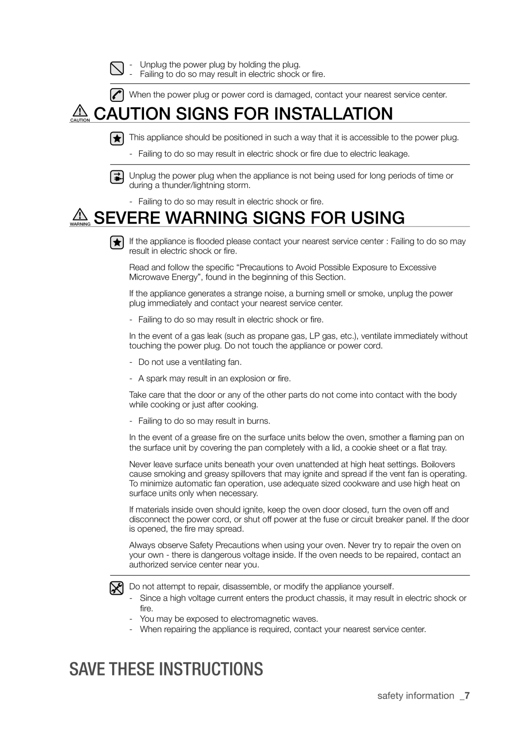 Samsung SMH9207 Caution Caution Signs For Installation, Warning Severe Warning Signs For Using, Save these instructions 