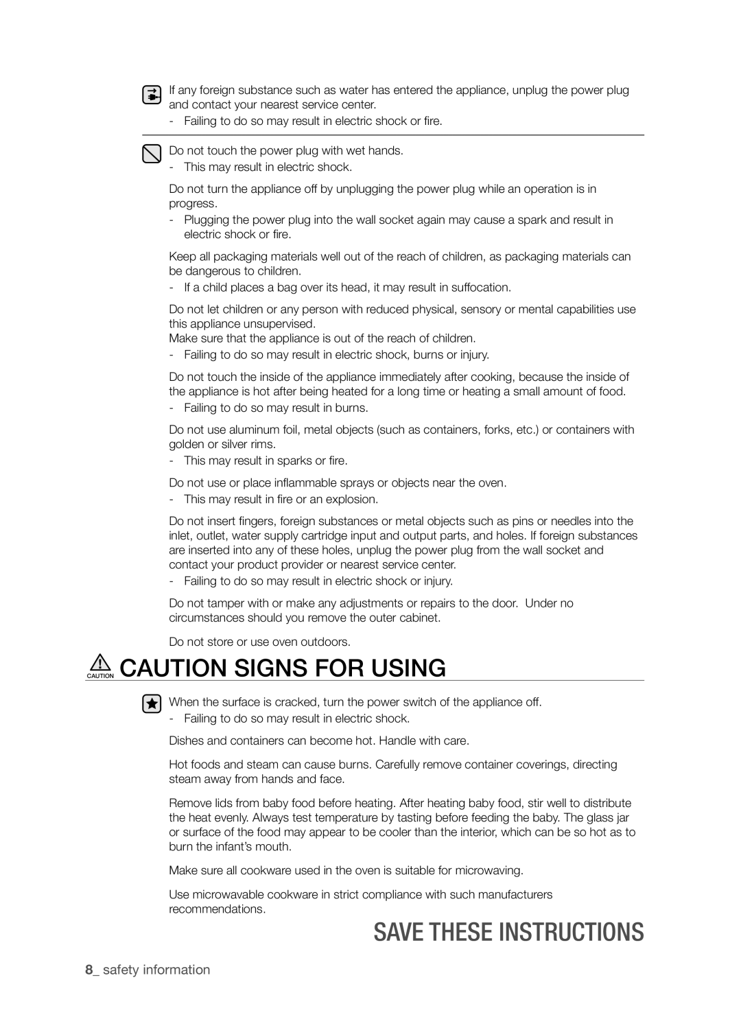 Samsung SMH9207 user manual Caution Caution Signs For Using, Save these instructions, safety information 