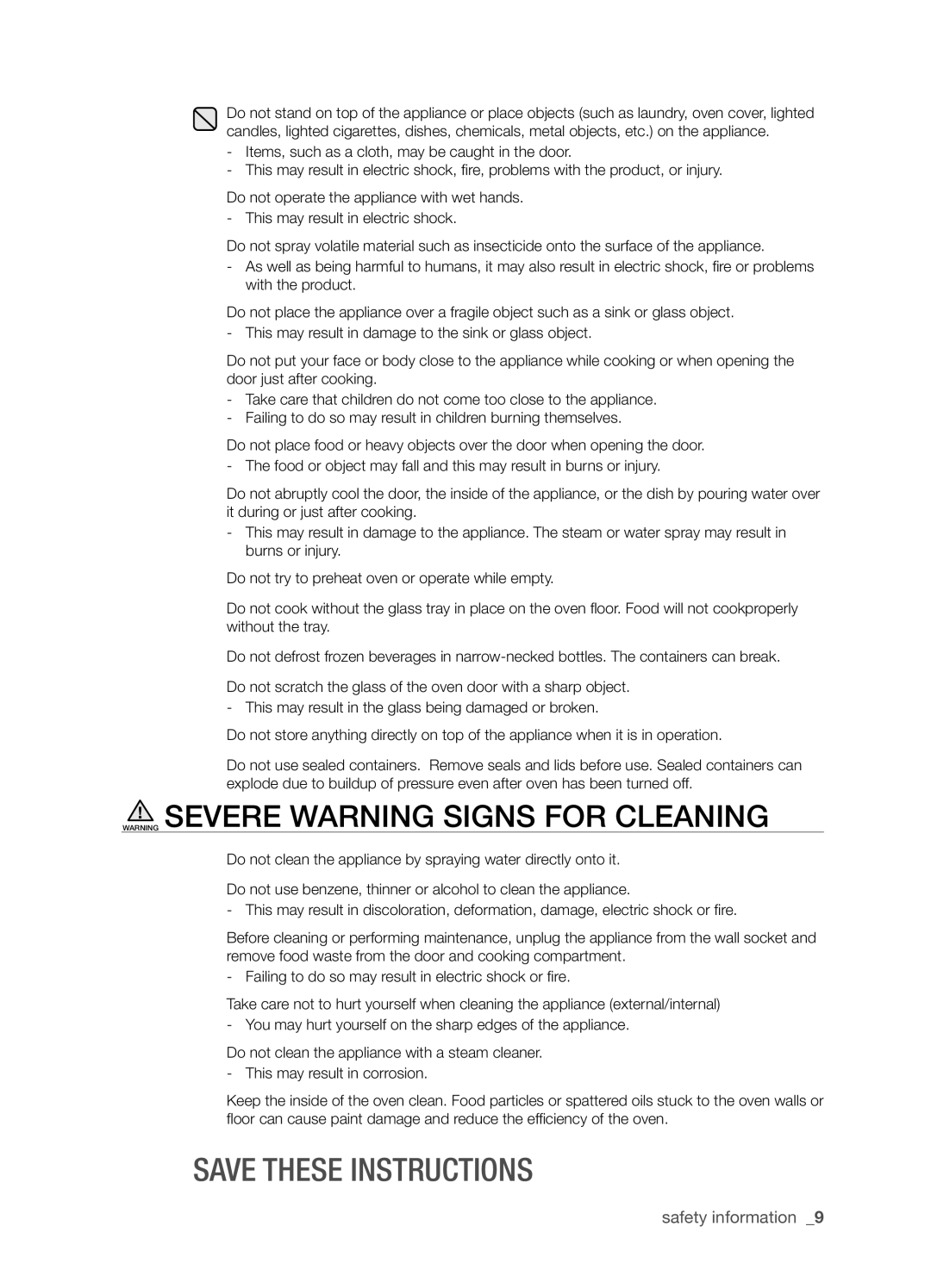 Samsung SMH9207 user manual Warning Severe Warning Signs For Cleaning, Save these instructions, safety information 