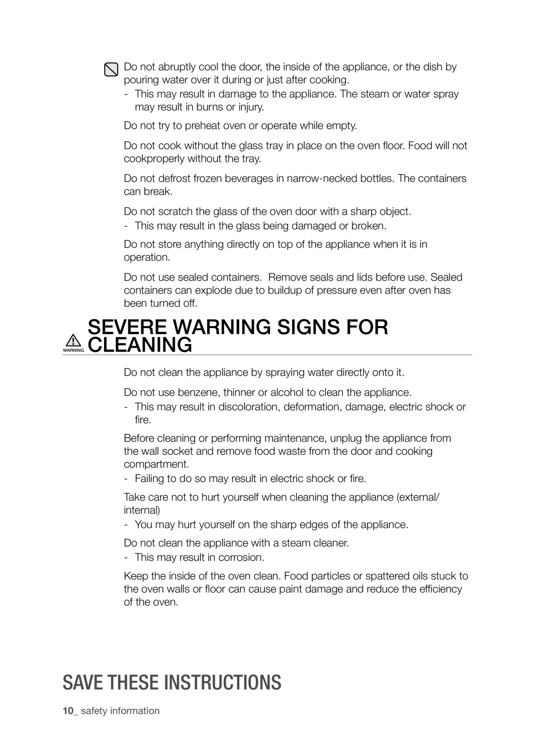 Samsung SMH9207ST user manual Severe Warning Signs For Warning Cleaning, Save these instructions, safety information 