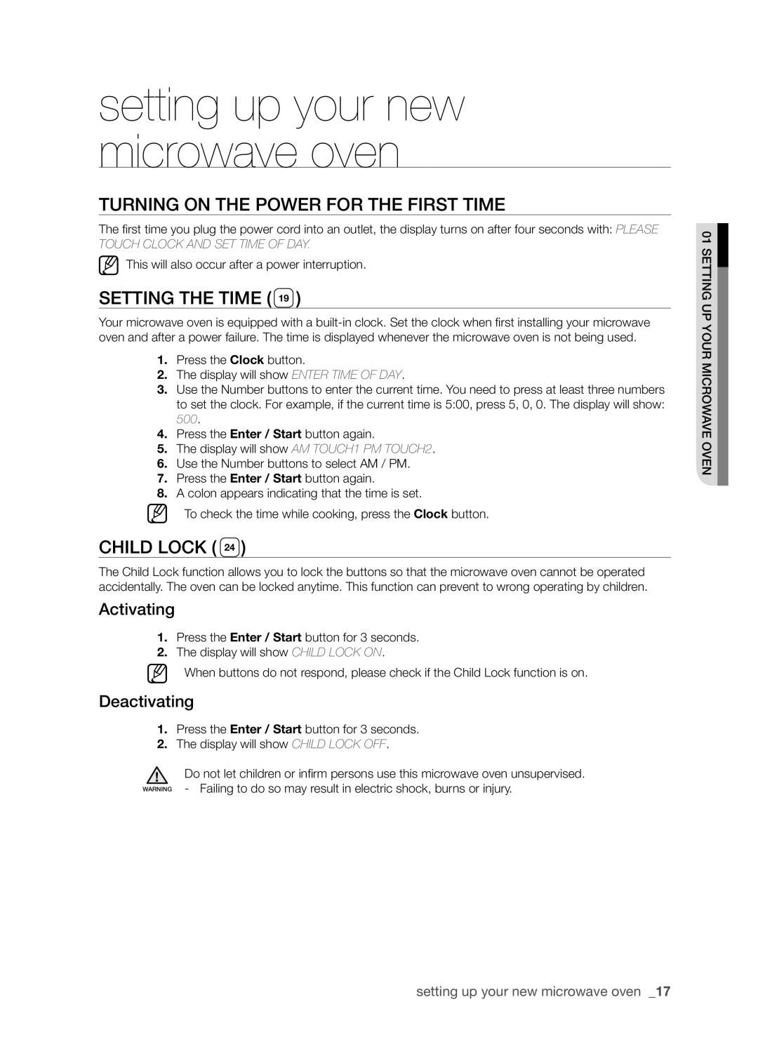 Samsung SMH9207ST Turning On The Power For The First Time, Setting The Time, Child Lock, Activating, Deactivating 