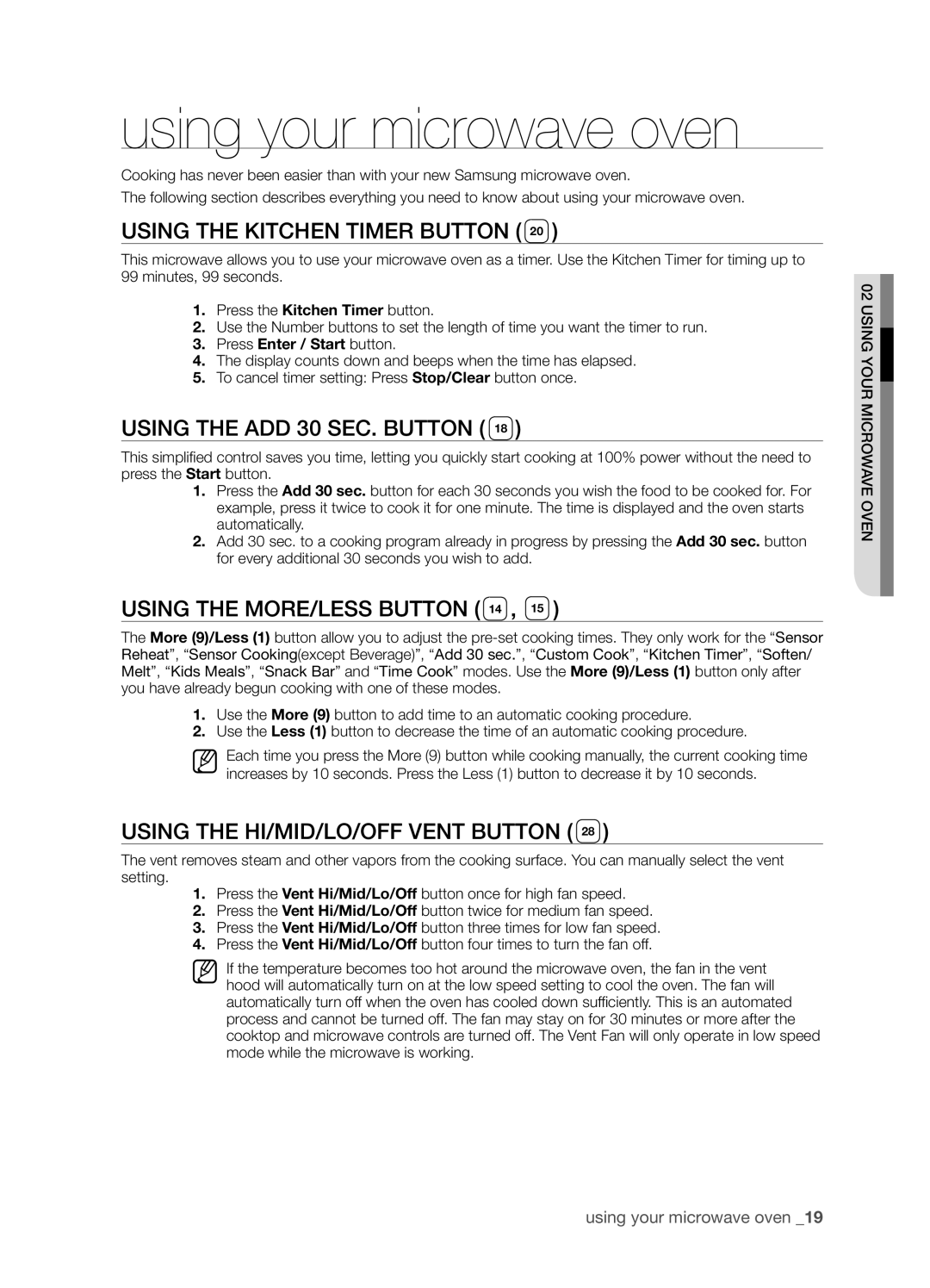 Samsung SMH9207ST user manual using your microwave oven, Using the Kitchen Timer button, Using The Add 30 Sec. Button 