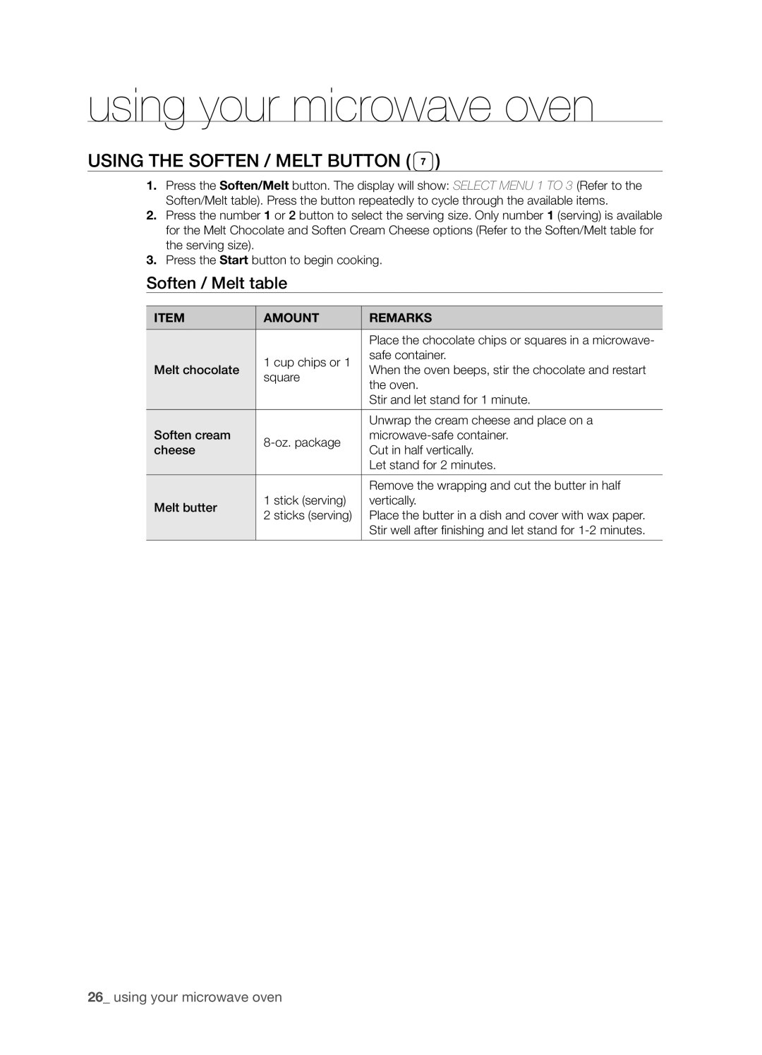Samsung SMH9207ST user manual Using The Soften / Melt Button, Soften / Melt table, using your microwave oven 