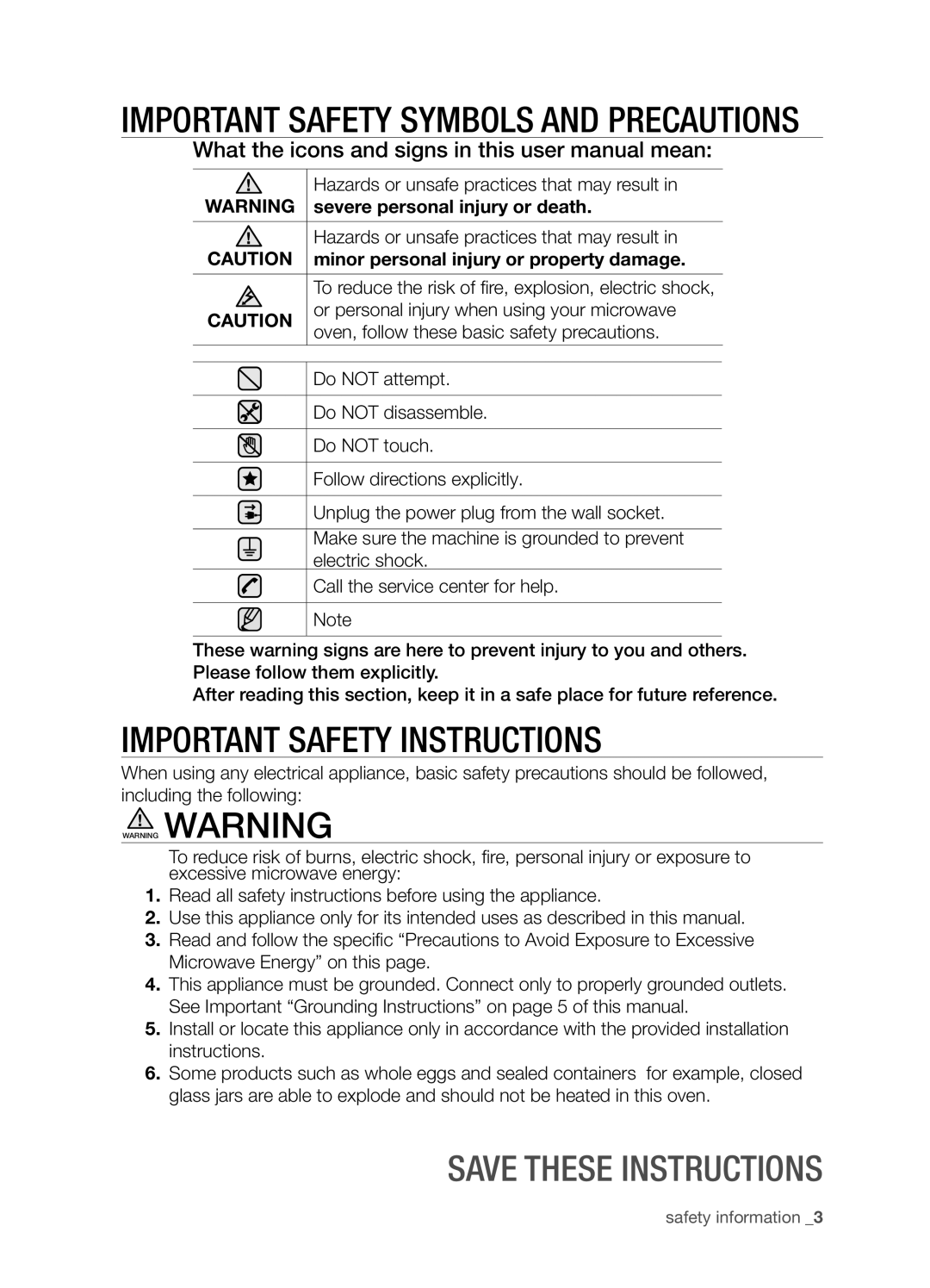 Samsung SMH9207ST IMPORTANT safety symbols and precautions, Important Safety Instructions, severe personal injury or death 