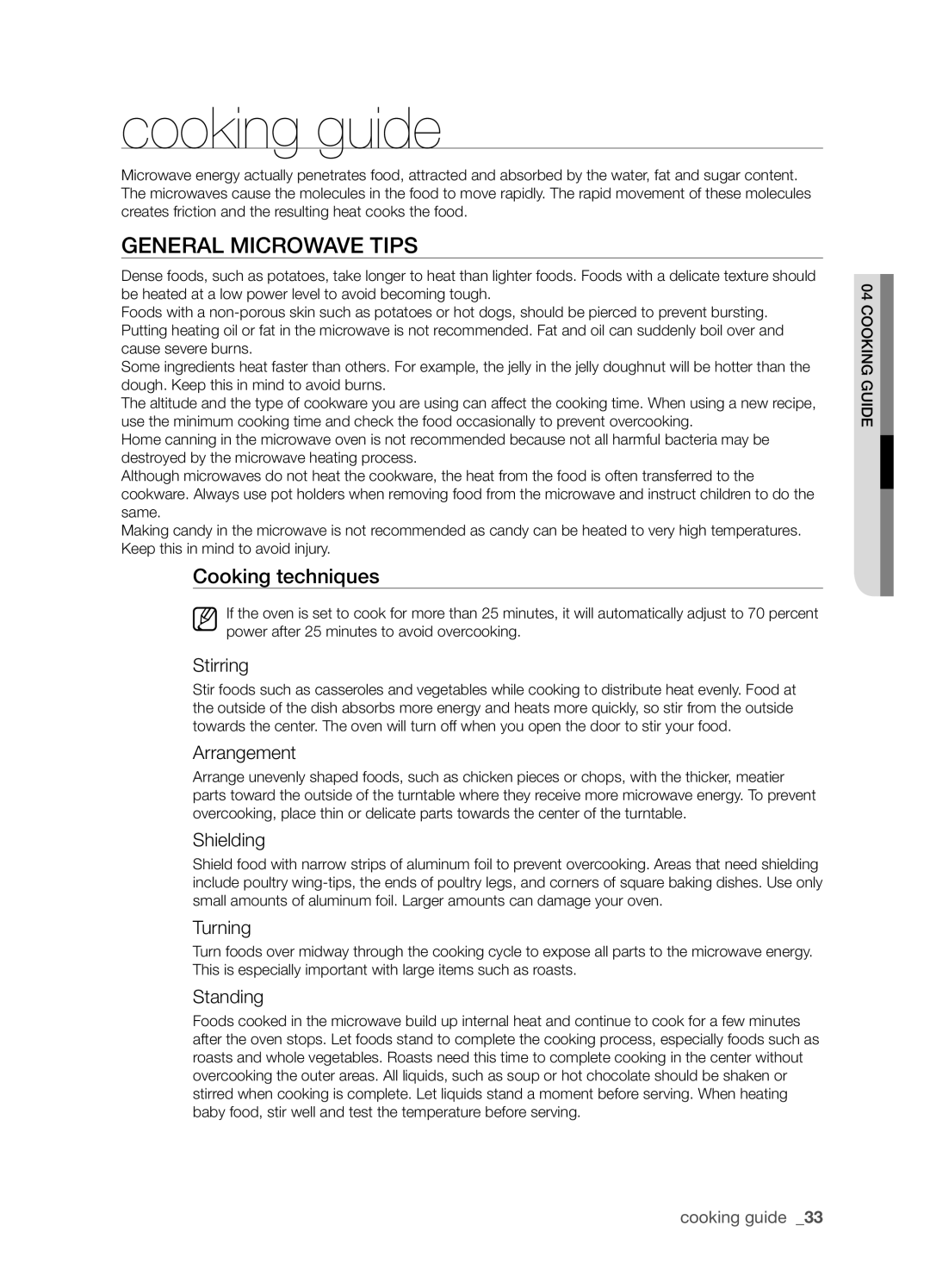 Samsung SMH9207ST user manual cooking guide, General Microwave Tips, Cooking techniques 