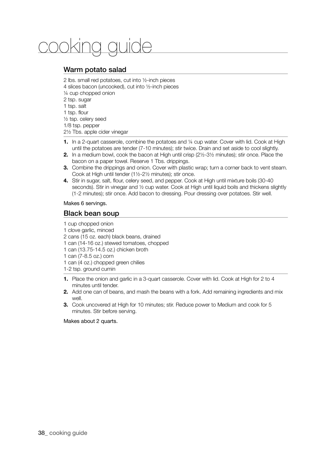 Samsung SMH9207ST user manual Warm potato salad, Black bean soup, cooking guide 