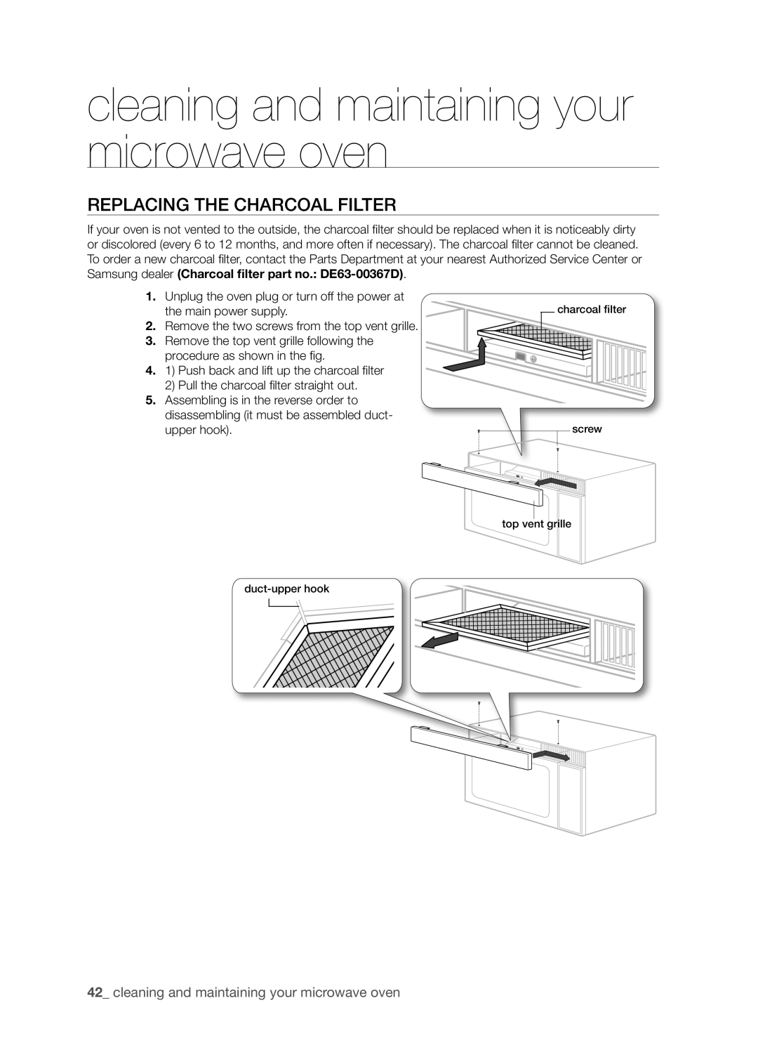 Samsung SMH9207ST user manual Replacing The Charcoal Filter, cleaning and maintaining your microwave oven 
