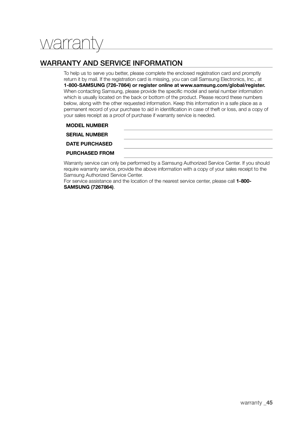 Samsung SMH9207ST user manual warranty, Warranty and service information 