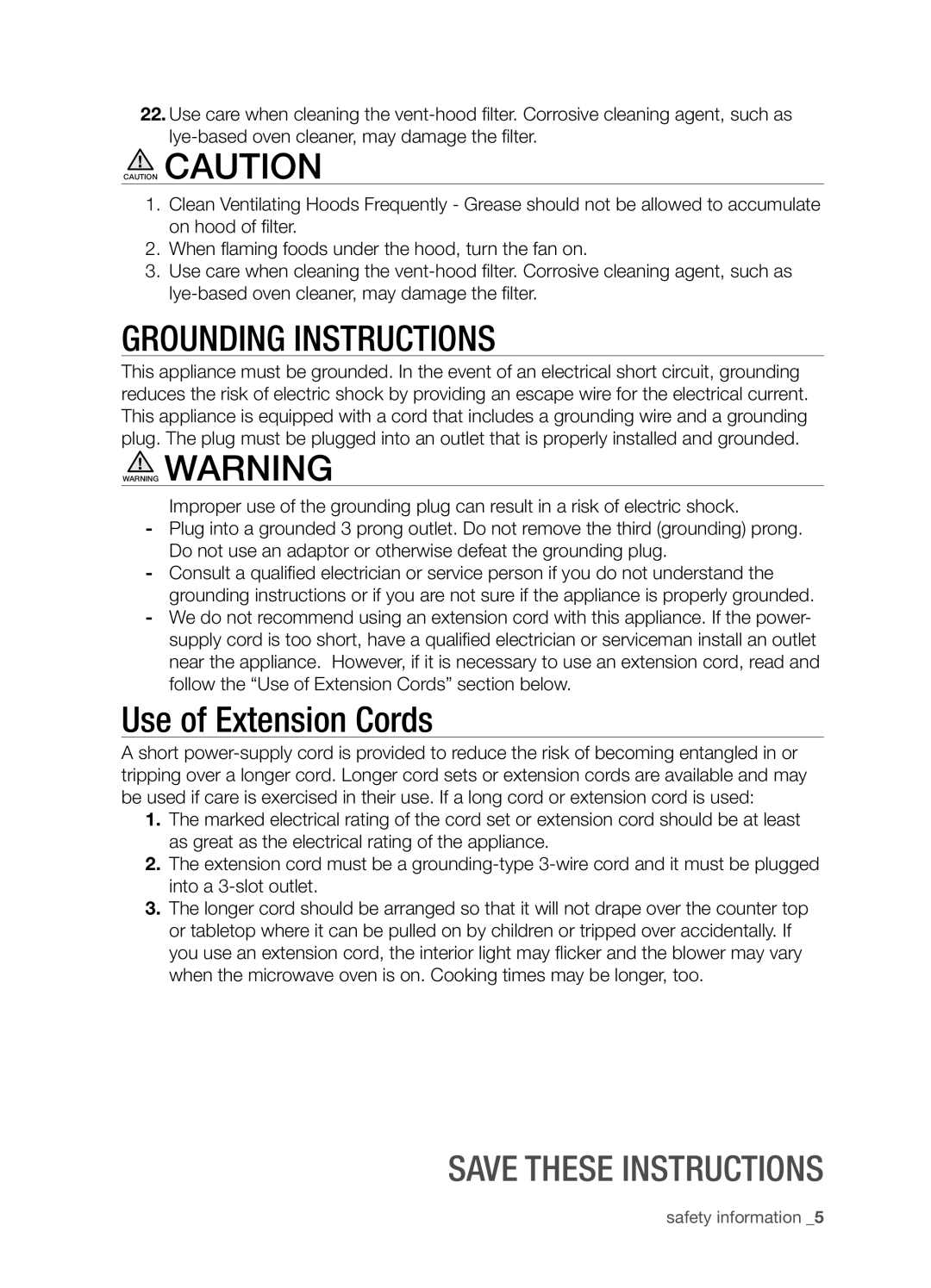 Samsung SMH9207ST user manual Grounding Instructions, Use of Extension Cords, Save these instructions 