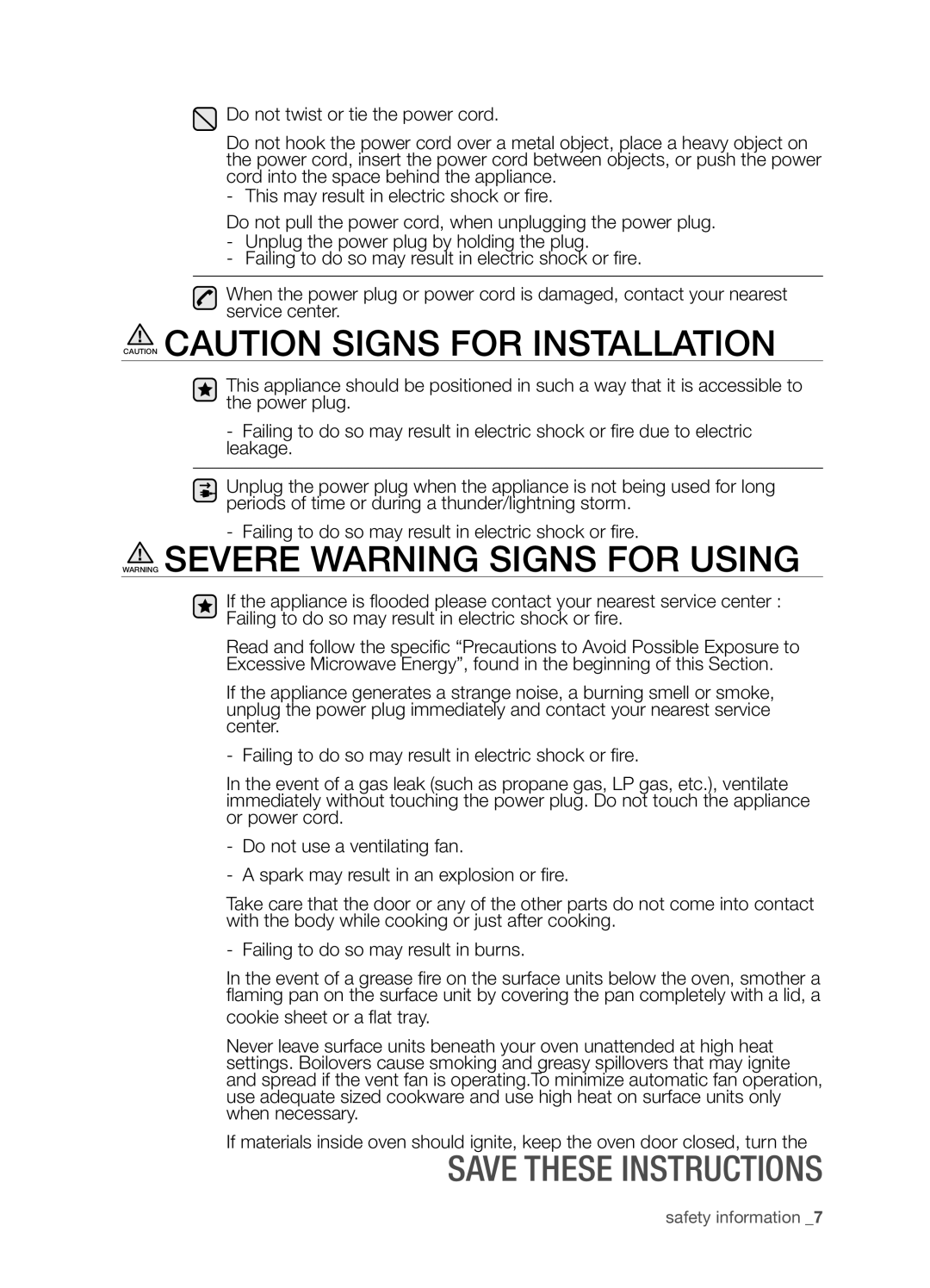 Samsung SMH9207ST Caution Caution Signs For Installation, Warning Severe Warning Signs For Using, Save these instructions 