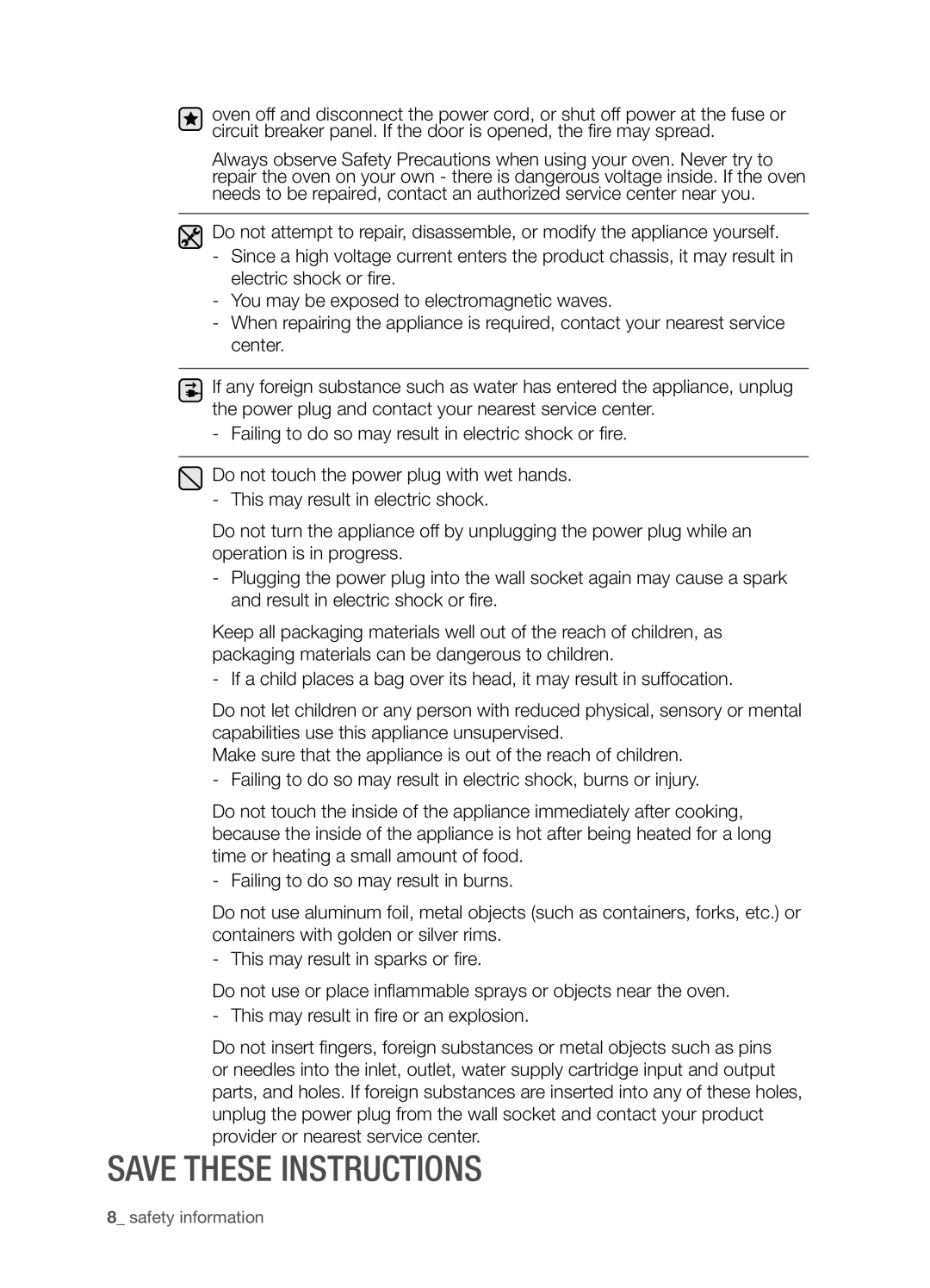 Samsung SMH9207ST user manual Save these instructions, safety information 