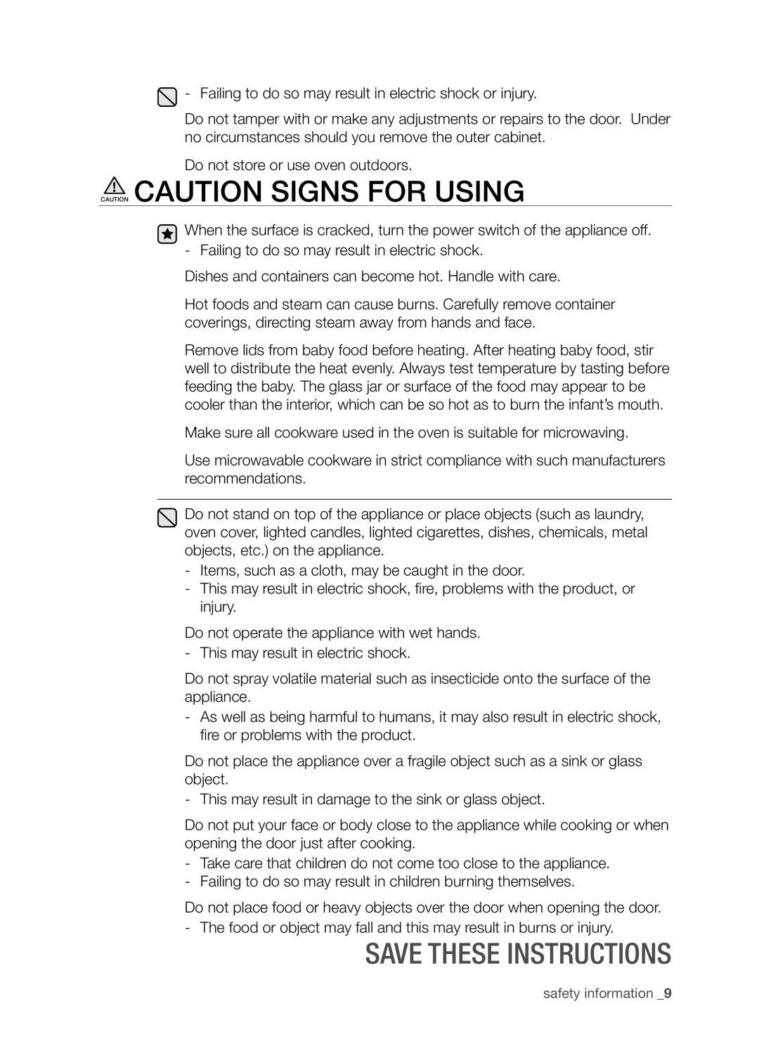 Samsung SMH9207ST user manual Caution Caution Signs For Using, Save these instructions 