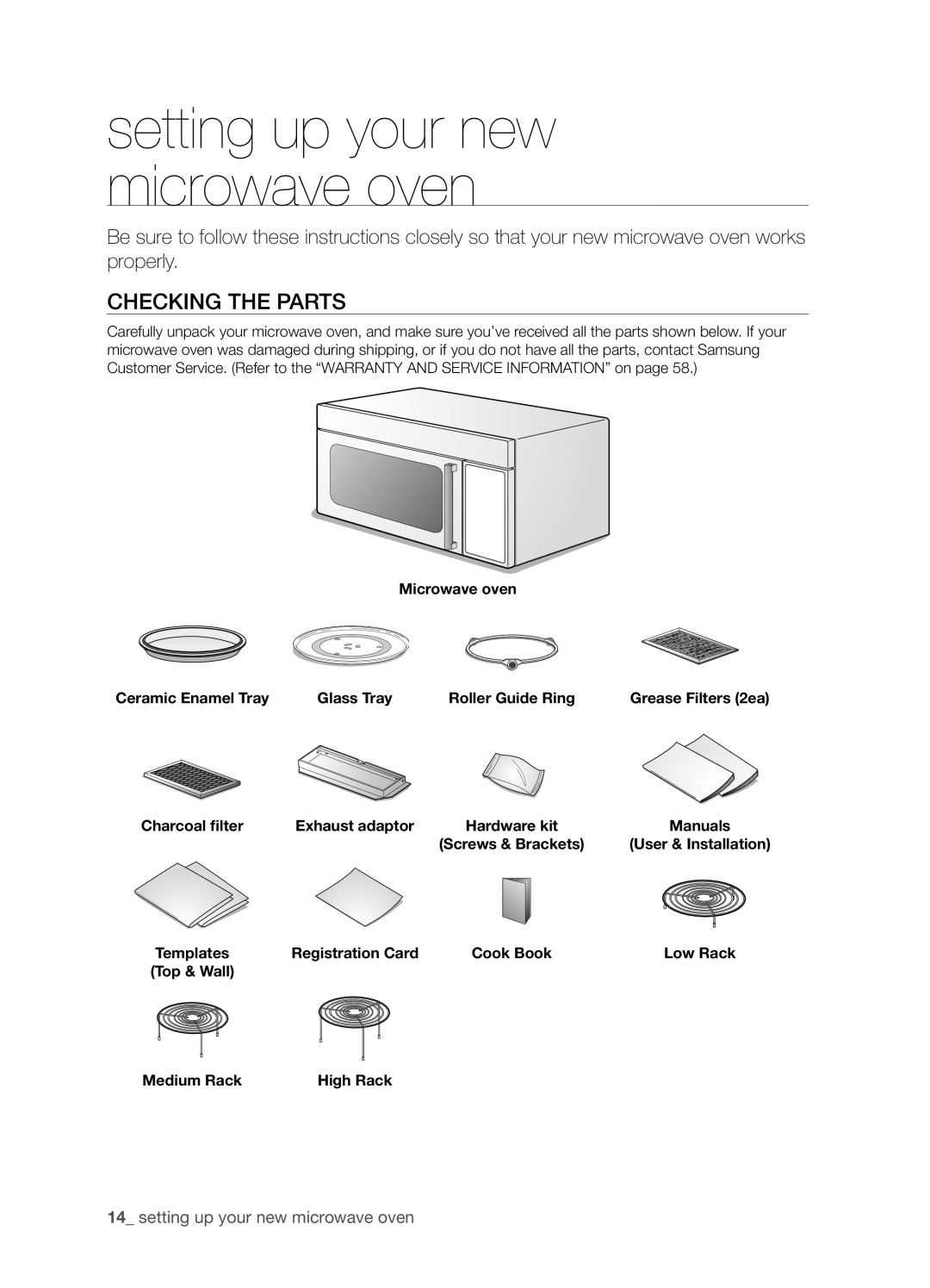 Samsung SMK9175ST user manual Checking the parts, Charcoal filter Exhaust adaptor Hardware kit Manuals, User & Installation 