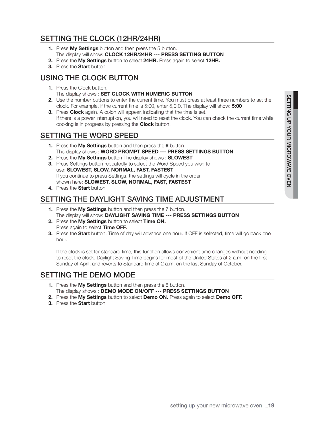 Samsung SMK9175 Setting the Clock 12HR/24HR, Using the Clock Button, Setting the Word Speed, Setting the Demo Mode 