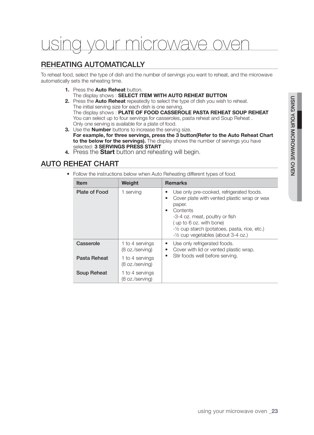 Samsung SMK9175ST Reheating Automatically, Auto Reheat Chart, Display shows Select Item with Auto Reheat Button 