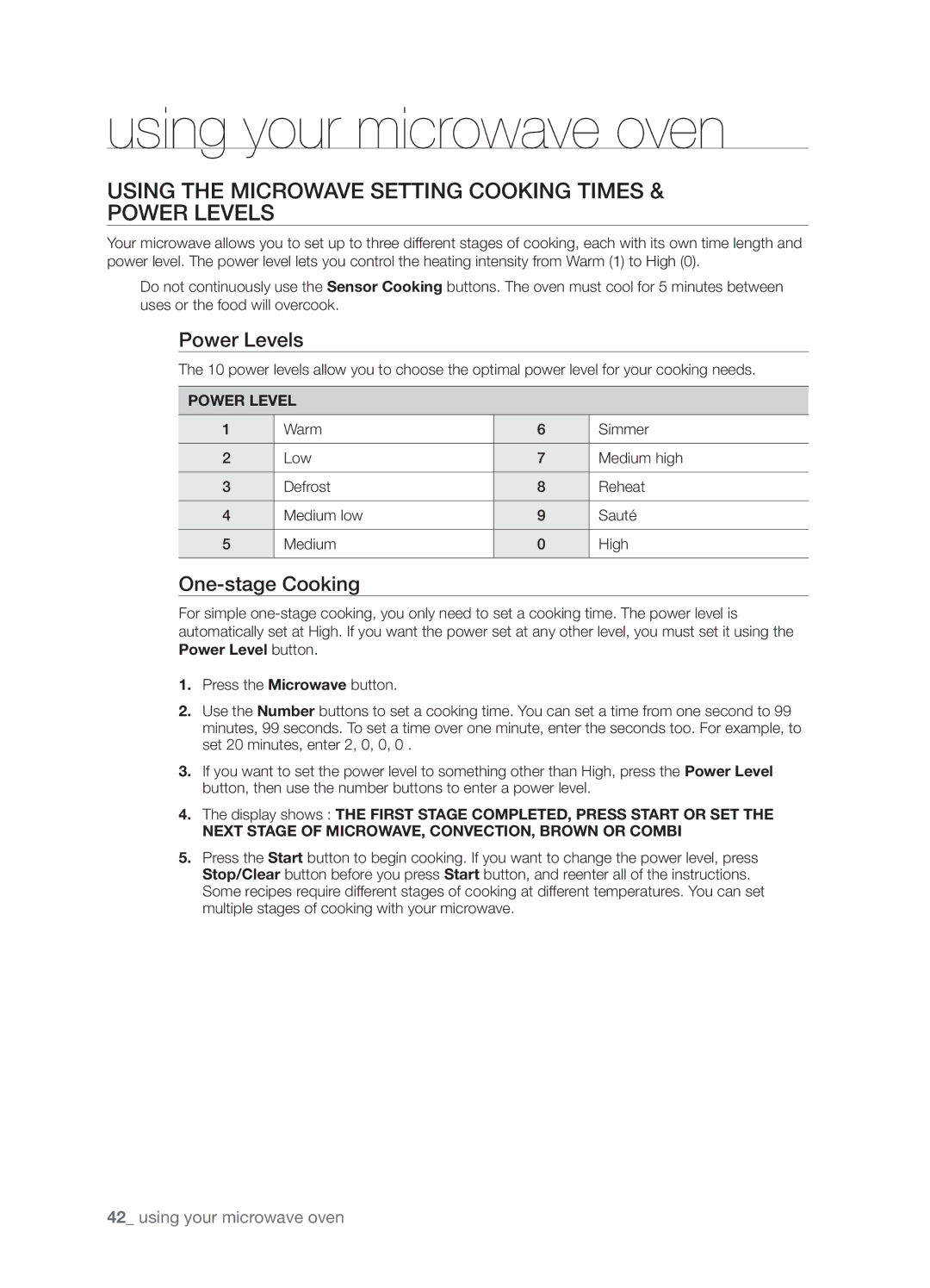 Samsung SMK9175ST user manual Using the microwave setting cooking times & power levels, Power Levels, One-stage Cooking 