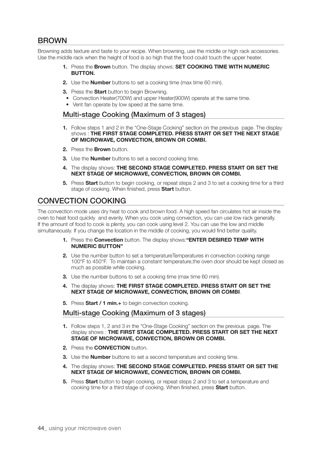 Samsung SMK9175ST user manual Convection cooking, Numeric Button, Stage of MICROWAVE, CONVECTION, Brown or Combi 