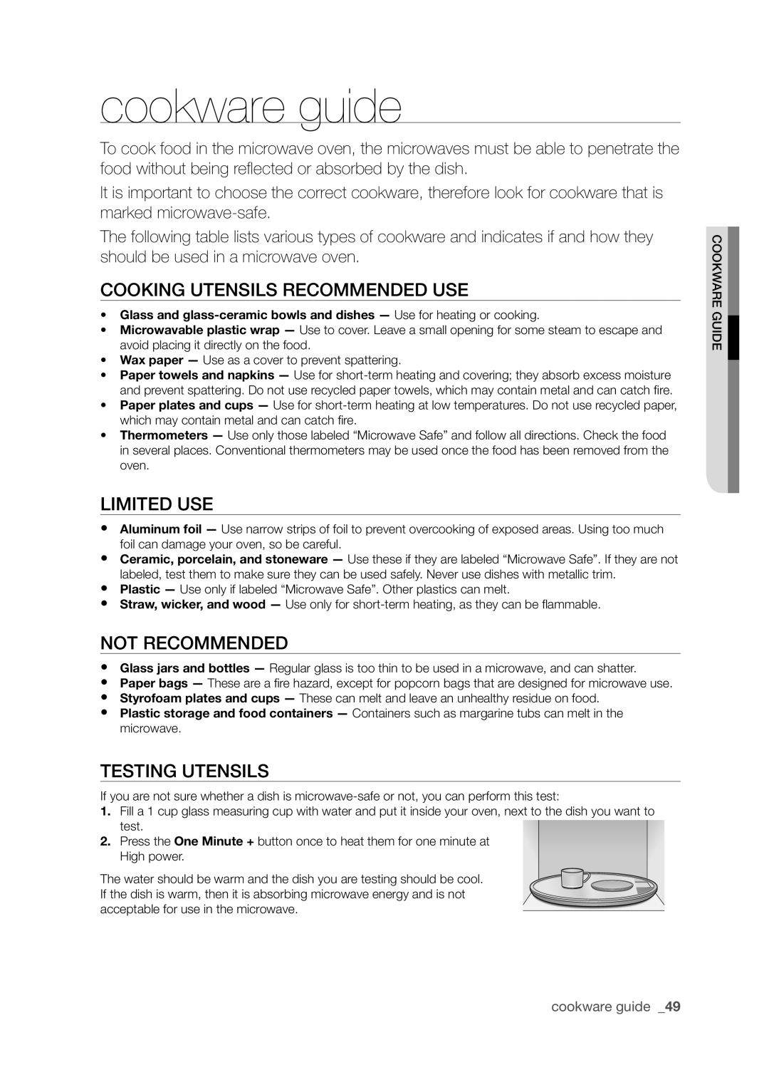 Samsung SMK9175 Cookware guide, Cooking utensils recommended use, Limited use, Not recommended, Testing utensils 