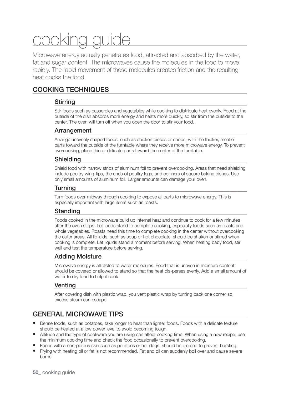 Samsung SMK9175ST user manual Cooking guide, Cooking techniques, General microwave tips 