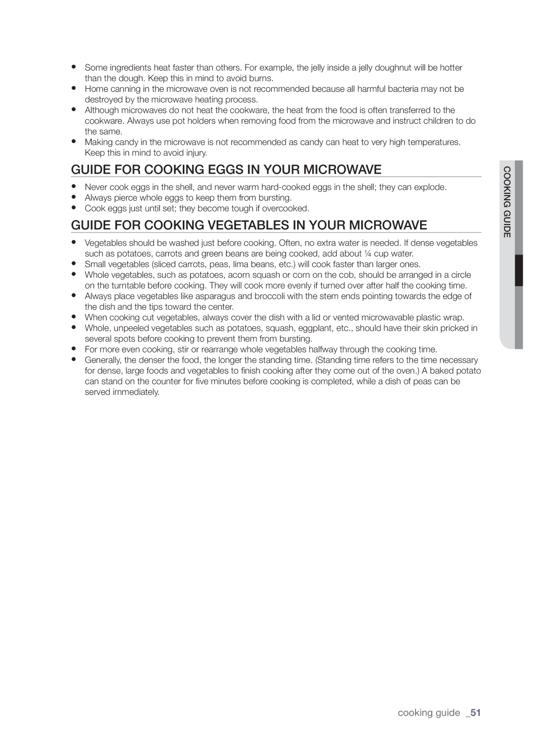 Samsung SMK9175ST user manual Guide for cooking eggs in your microwave, Guide for cooking vegetables in your microwave 