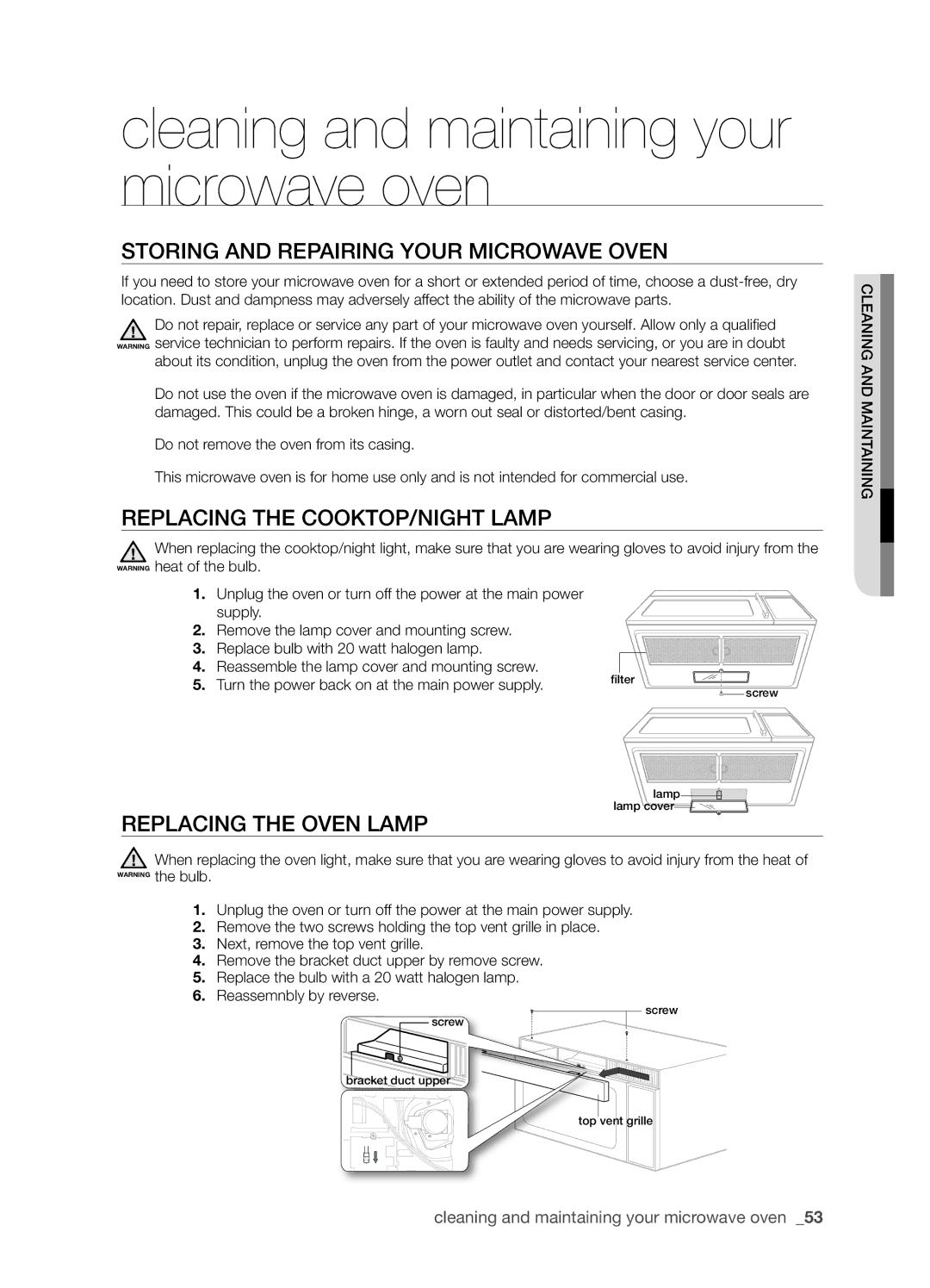 Samsung SMK9175 Storing and repairing your microwave oven, Replacing the cooktop/night lamp, Replacing the oven lamp 