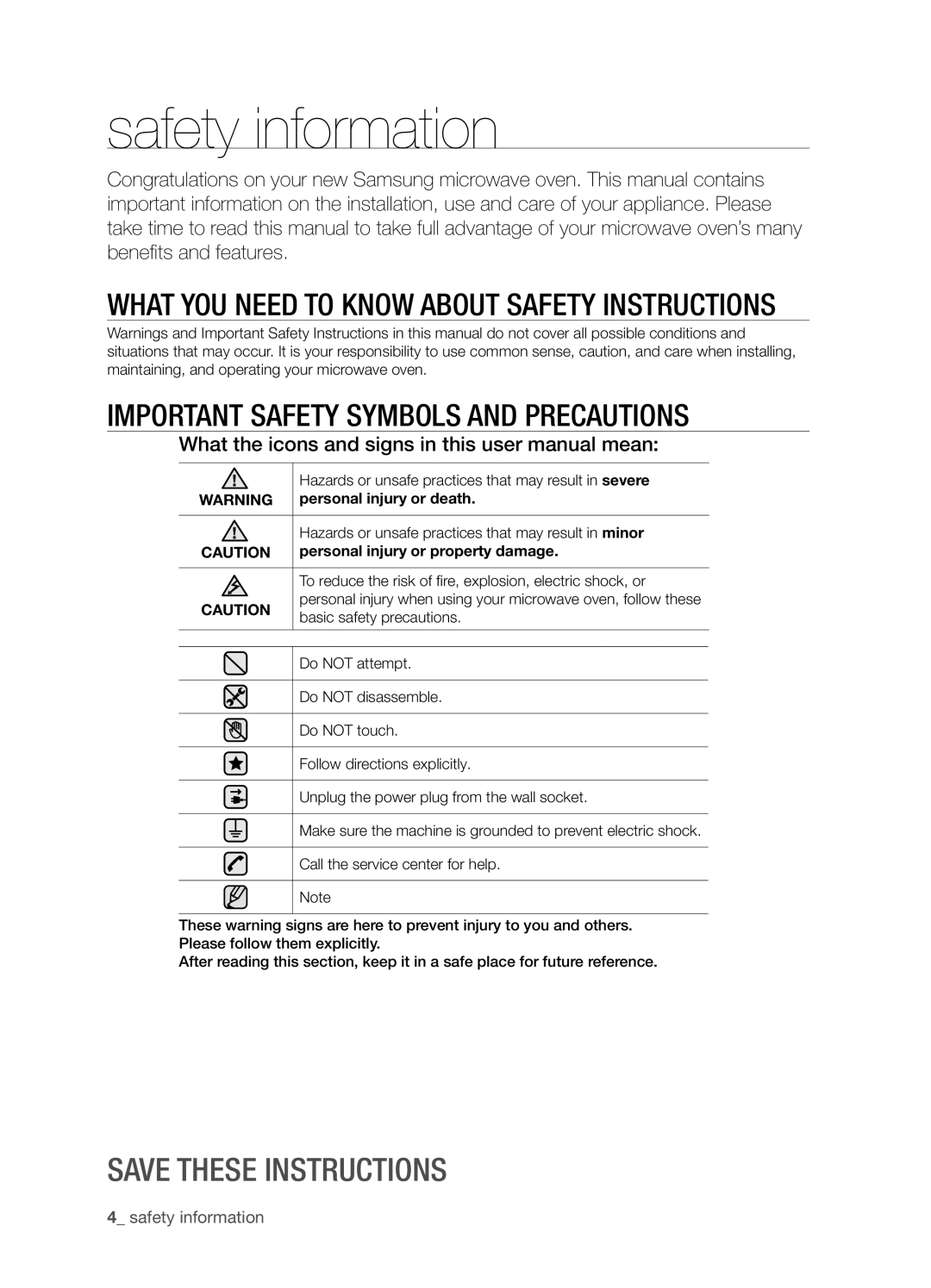 Samsung SMK9175ST user manual What you need to know about safety instructions, Important safety symbols and precautions 