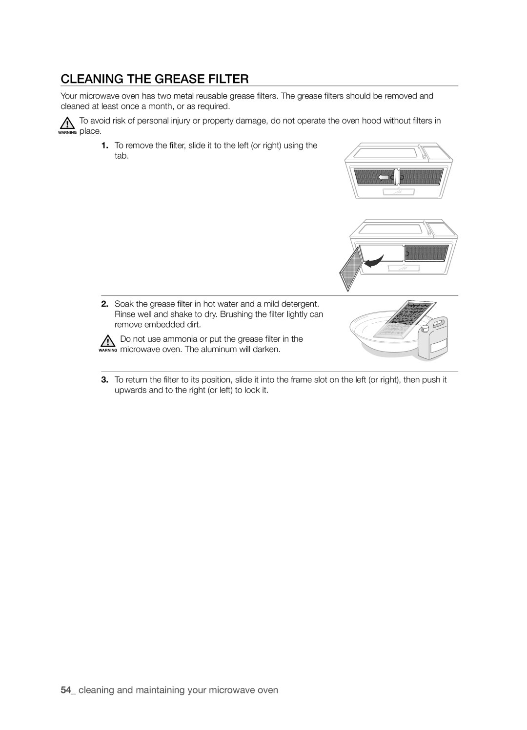Samsung SMK9175ST user manual Cleaning the grease filter, cleaning and maintaining your microwave oven 