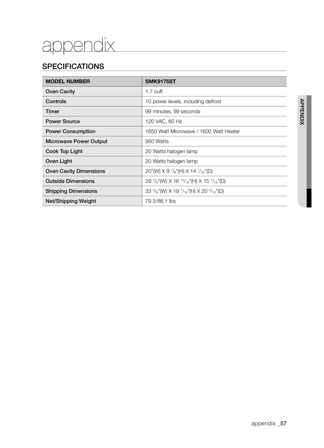 Samsung user manual appendix, Specifications, Model Number, SMK9175ST 