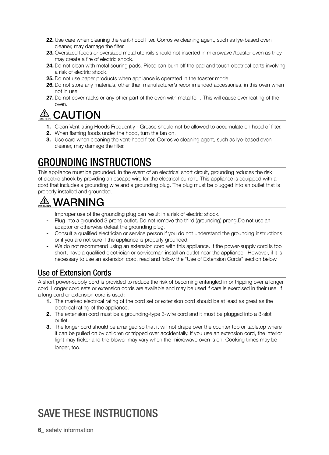 Samsung SMK9175ST user manual Grounding Instructions, Save these instructions, Use of Extension Cords, safety information 