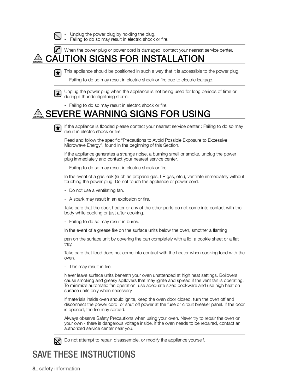 Samsung SMK9175ST Caution Caution Signs For Installation, Warning Severe Warning Signs For Using, Save these instructions 