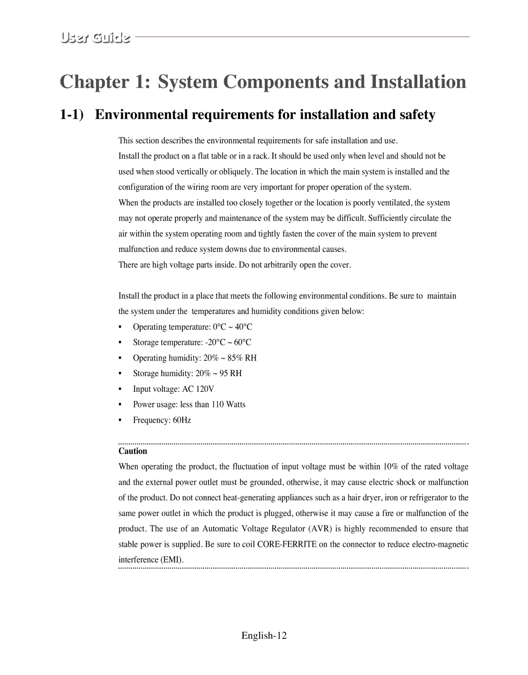 Samsung SMO-120P System Components and Installation, Environmental requirements for installation and safety, English-12 