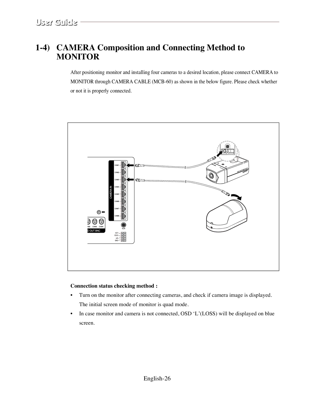 Samsung SMO-120P manual Camera Composition and Connecting Method to, Monitor, English-26, Connection status checking method 