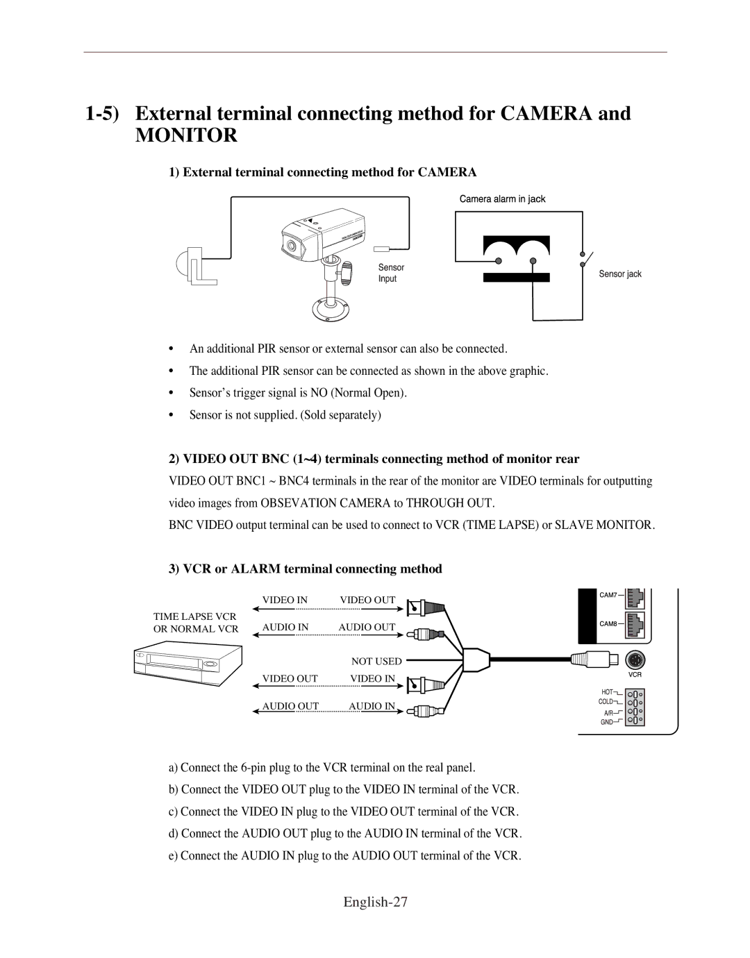 Samsung SMO-120P/UMG External terminal connecting method for Camera, English-27, VCR or Alarm terminal connecting method 