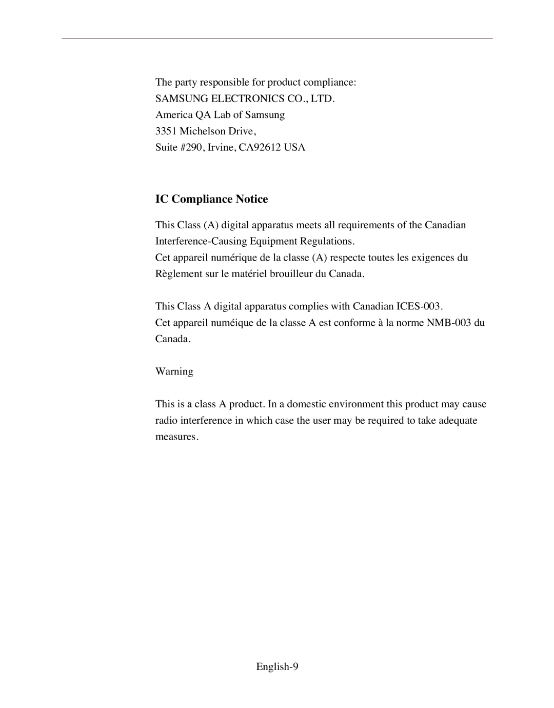 Samsung SMO-120P/UMG manual IC Compliance Notice 