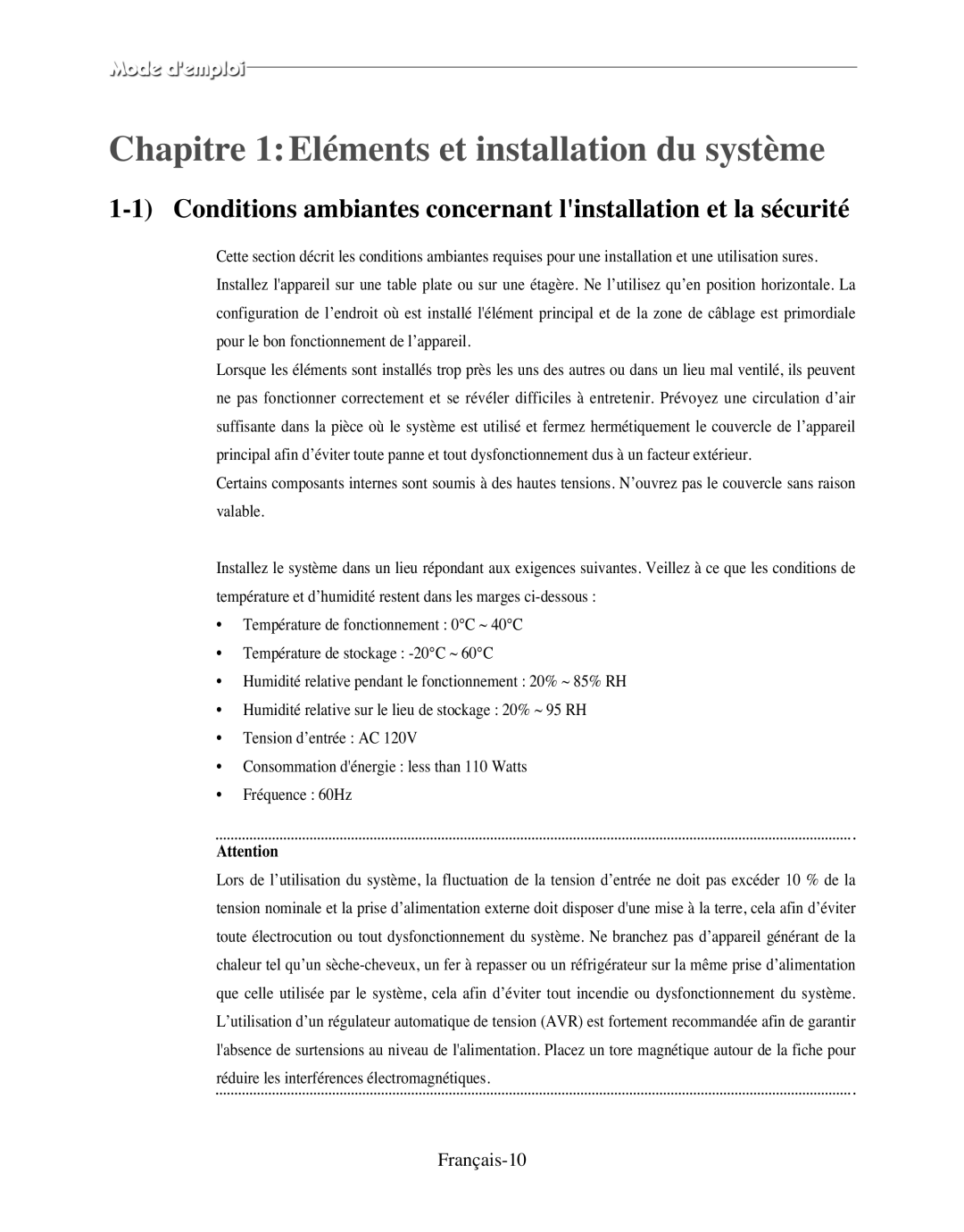 Samsung SMO-120P manual Conditions ambiantes concernant linstallation et la sécurité, Français-10 