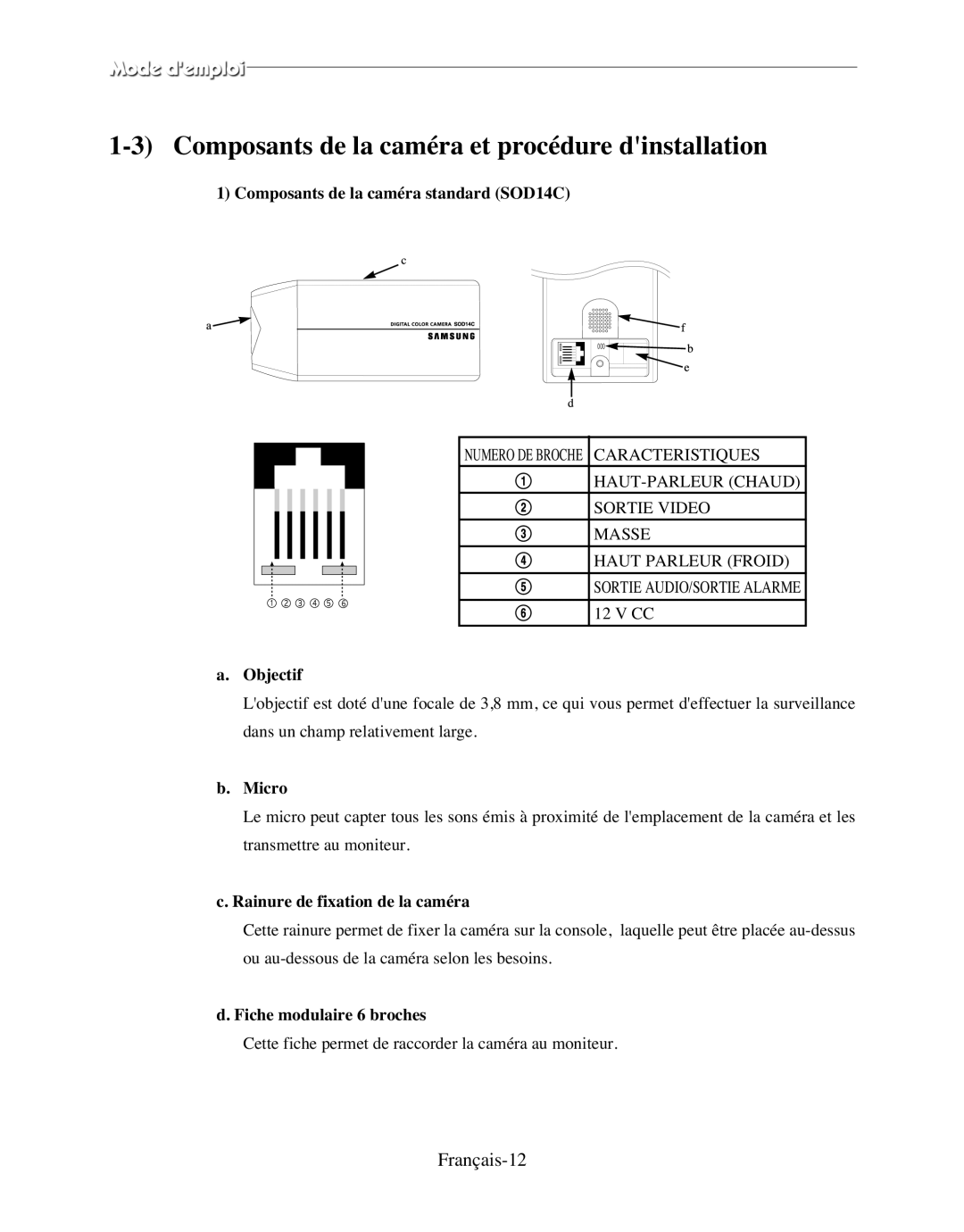 Samsung SMO-120P manual Composants de la caméra et procédure dinstallation, Français-12 