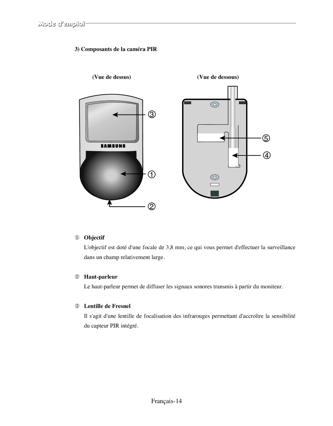 Samsung SMO-120P Français-14, Composants de la caméra PIR Vue de dessus, ① Objectif, ➁ Haut-parleur, ➂ Lentille de Fresnel 