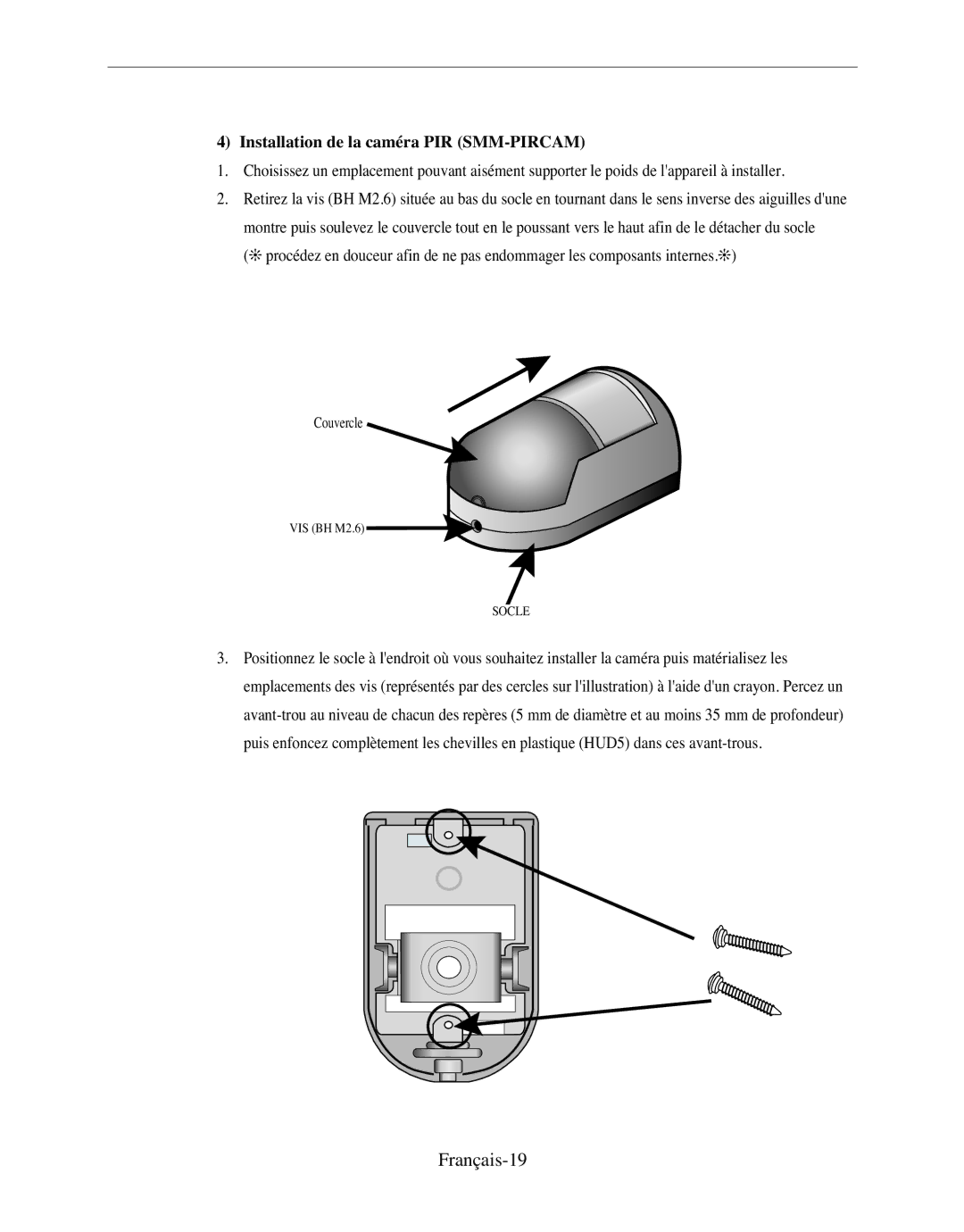 Samsung SMO-120P manual Français-19, Installation de la caméra PIR SMM-PIRCAM 