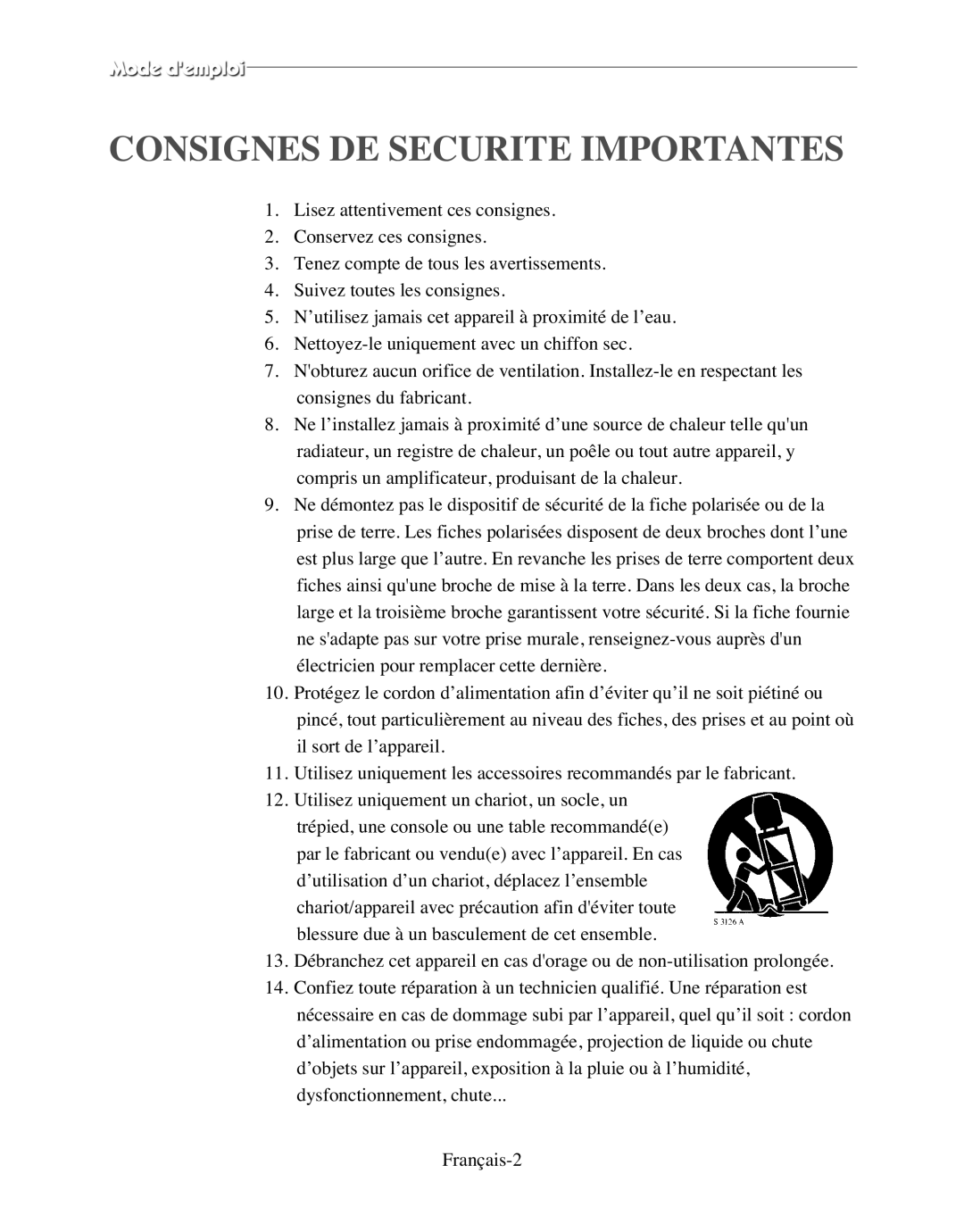 Samsung SMO-120P manual Consignes DE Securite Importantes 