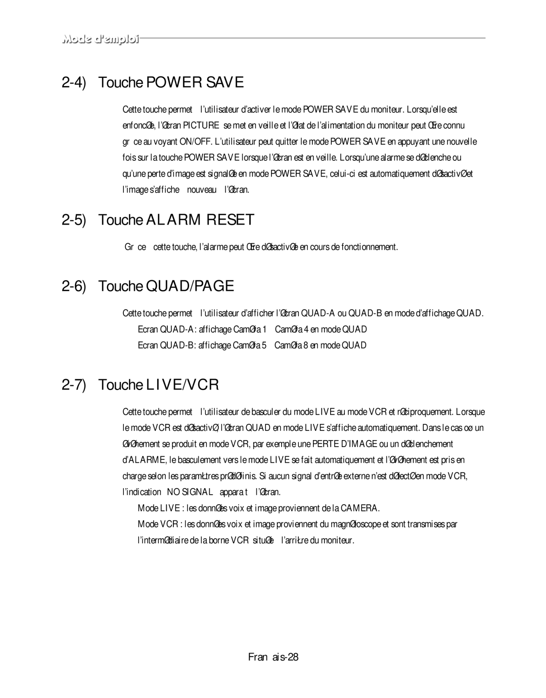 Samsung SMO-120P manual Touche Power Save, Touche Alarm Reset, Touche QUAD/PAGE, Touche LIVE/VCR, Français-28 