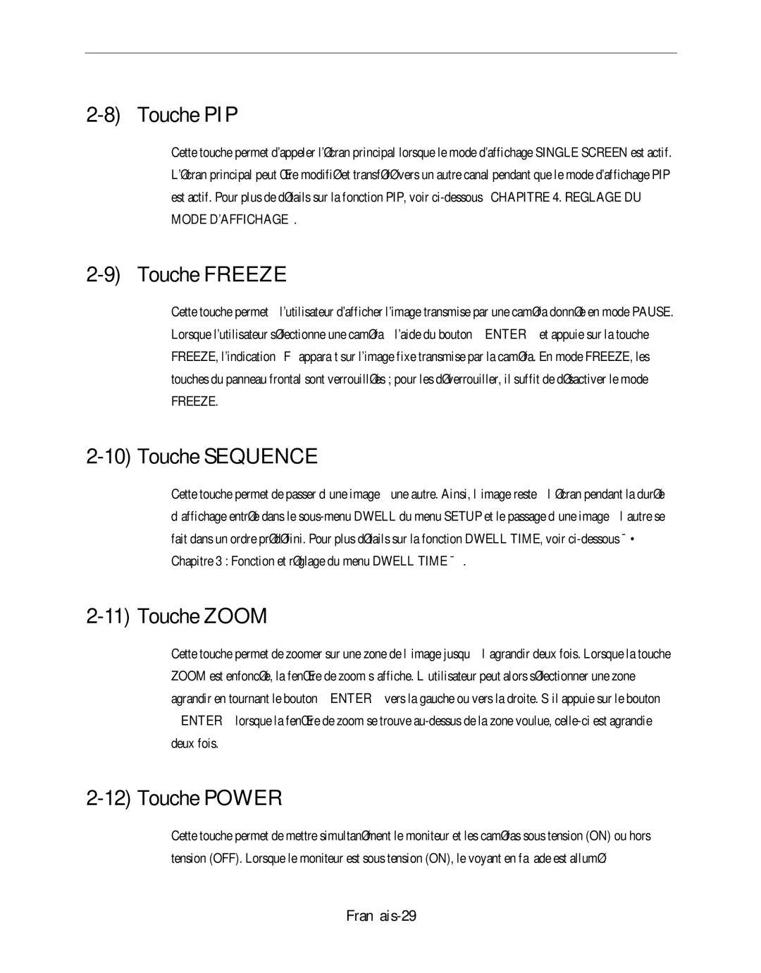 Samsung SMO-120P manual Touche PIP, Touche Freeze, Touche Sequence, Touche Zoom, Touche Power 