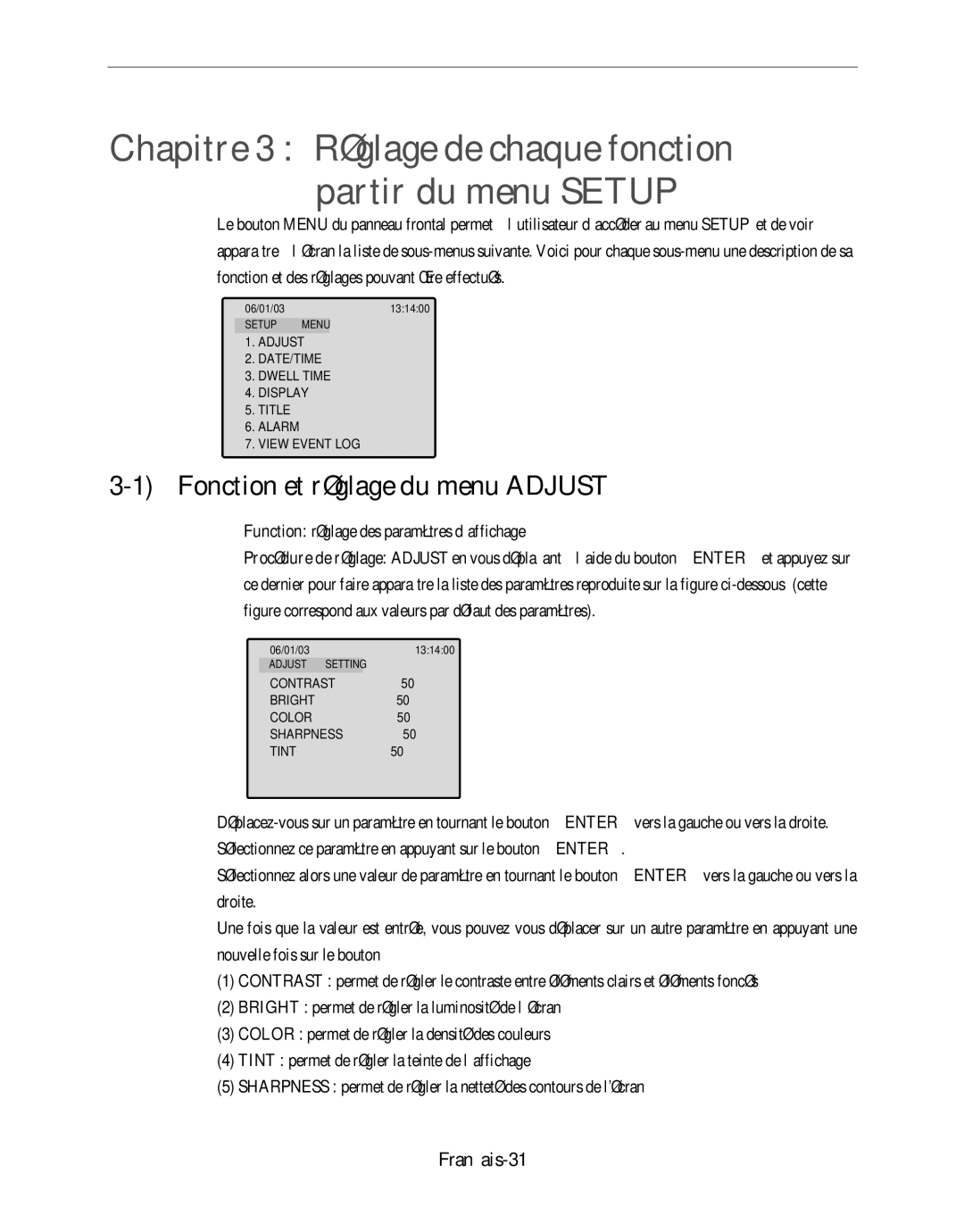 Samsung SMO-120P manual Fonction et réglage du menu Adjust, Français-31 