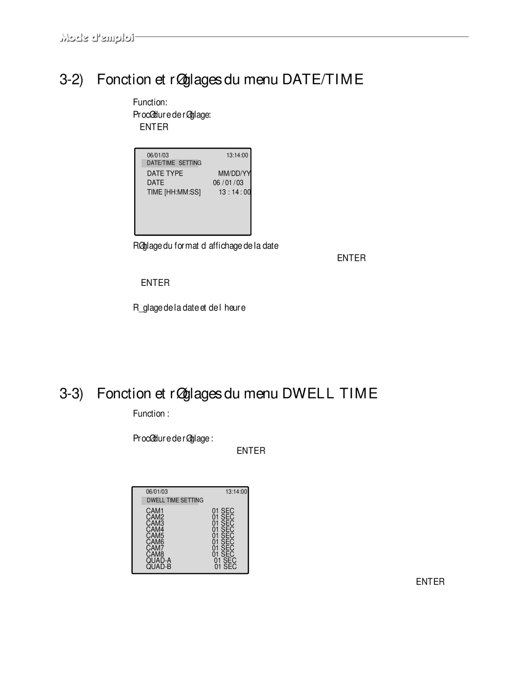 Samsung SMO-120P manual Fonction et réglages du menu DATE/TIME, Fonction et réglages du menu Dwell Time, Français-32 