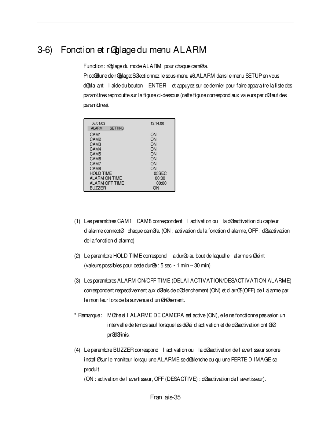 Samsung SMO-120P manual Fonction et réglage du menu Alarm, Français-35 